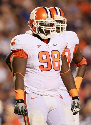 AUBURN, AL - SEPTEMBER 18:  Brandon Thompson #98 of the Clemson Tigers against the Auburn Tigers at Jordan-Hare Stadium on September 18, 2010 in Auburn, Alabama.  (Photo by Kevin C. Cox/Getty Images)
