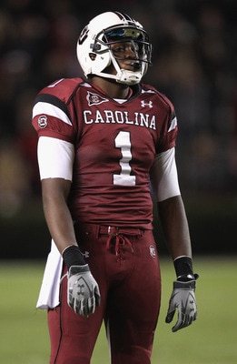 COLUMBIA, SC - NOVEMBER 06:  Alshon Jeffery #1 of the South Carolina Gamecocks reacts during their game against the Arkansas Razorbacks at Williams-Brice Stadium on November 6, 2010 in Columbia, South Carolina.  (Photo by Streeter Lecka/Getty Images)