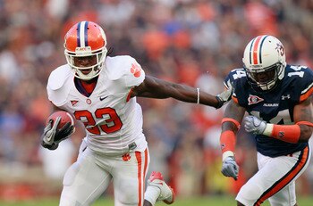 AUBURN, AL - SEPTEMBER 18:  Andre Ellington #23 of the Clemson Tigers breaks a tackle by Demond Washington #14 of the Auburn Tigers at Jordan-Hare Stadium on September 18, 2010 in Auburn, Alabama.  (Photo by Kevin C. Cox/Getty Images)