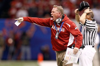 NEW ORLEANS, LA - JANUARY 04: Head coach Bobby Petrino of the Arkansas Razorbacks reacts in the first half against the Ohio State Buckeyes during the Allstate Sugar Bowl at the Louisiana Superdome on January 4, 2011 in New Orleans, Louisiana. (Photo by NEW ORLEANS, LA - JANUARY 04: Head coach Bobby Petrino of the Arkansas Razorbacks reacts in the first half against the Ohio State Buckeyes during the Allstate Sugar Bowl at the Louisiana Superdome on January 4, 2011 in New Orleans, Louisiana. (Photo by