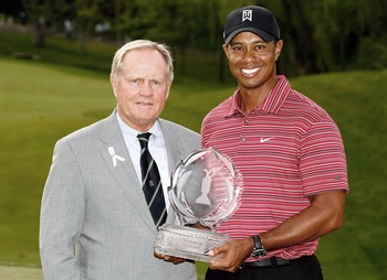 DUBLIN, OH - JUNE 07: Jack Nicklaus presents Tiger Woods with the trophy after his one-stroke victory at the Memorial Tournament at the Muirfield Village Golf Club on June 7, 2009 in Dublin, Ohio. (Photo by Scott Halleran/Getty Images) DUBLIN, OH - JUNE 07: Jack Nicklaus presents Tiger Woods with the trophy after his one-stroke victory at the Memorial Tournament at the Muirfield Village Golf Club on June 7, 2009 in Dublin, Ohio. (Photo by Scott Halleran/Getty Images)