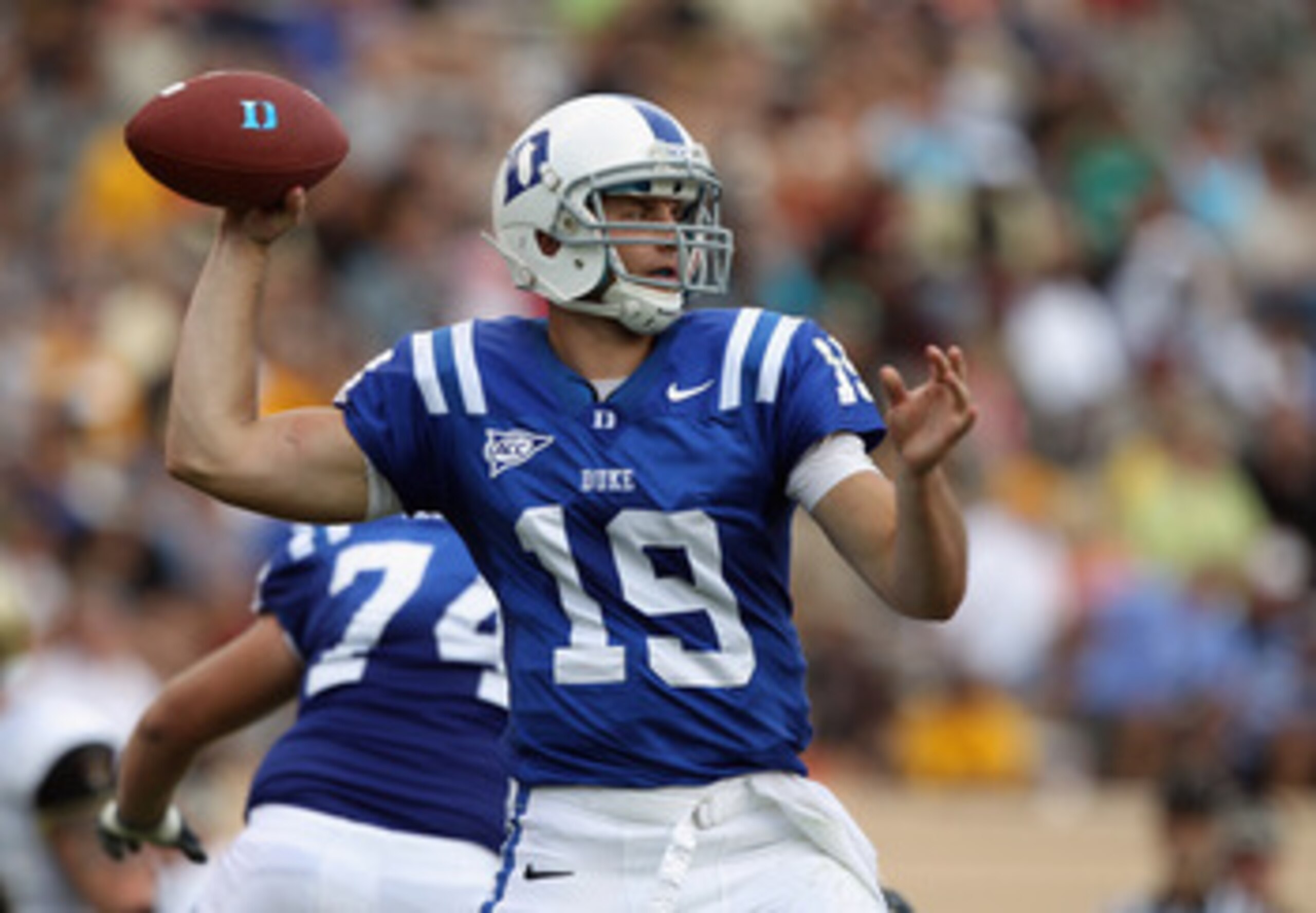 DURHAM, NC - SEPTEMBER 25:  Sean Renfree #19 of the Duke Blue Devils drops back to throw a pass against the Army Black Knights during their game at Wallace Wade Stadium on September 25, 2010 in Durham, North Carolina.  (Photo by Streeter Lecka/Getty Image