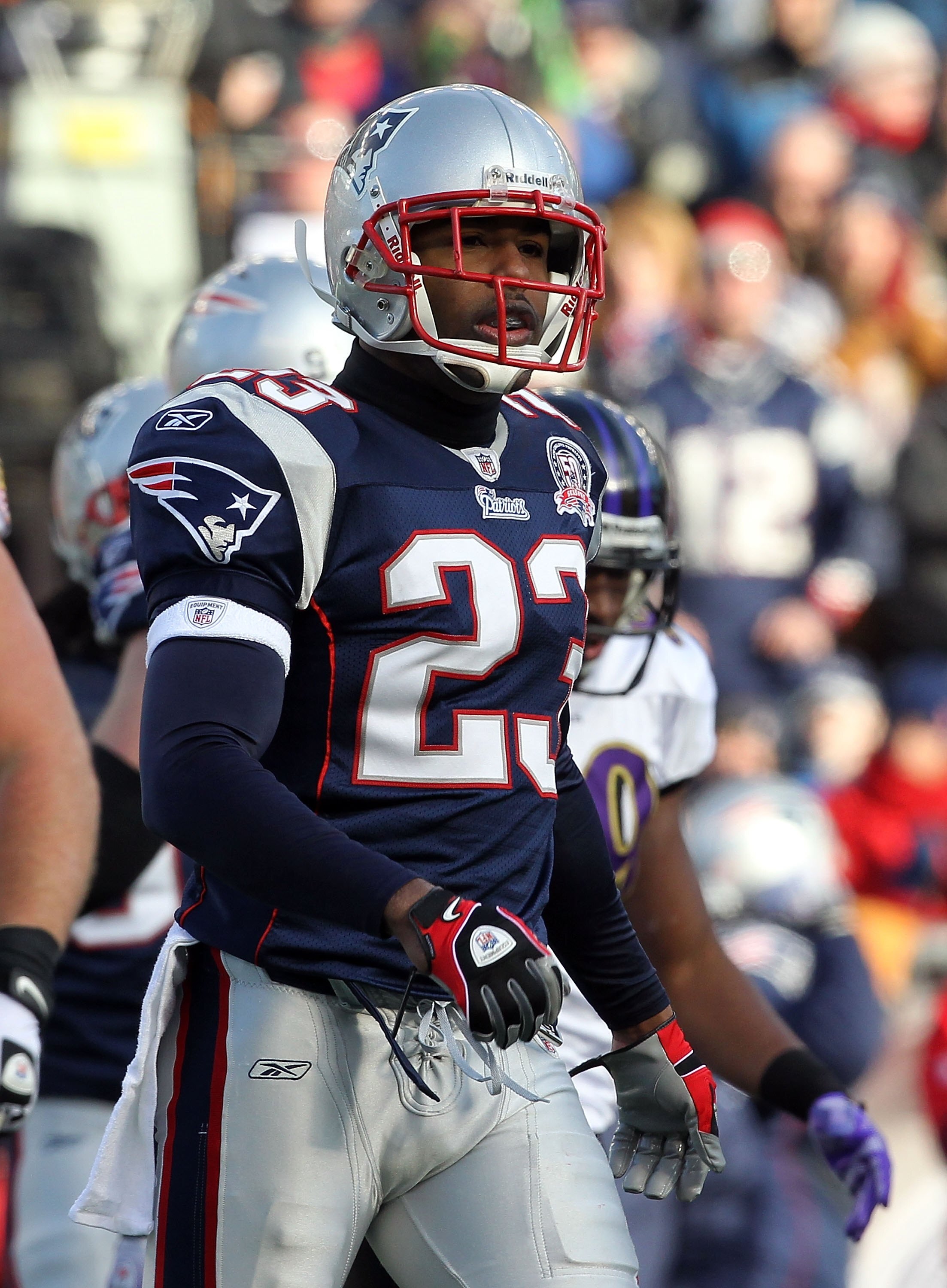 FOXBORO, MA - JANUARY 10:  Leigh Bodden #23 of the New England Patriots looks on against the Baltimore Ravens during the 2010 AFC wild-card playoff game at Gillette Stadium on January 10, 2010 in Foxboro, Massachusetts.  (Photo by Jim Rogash/Getty Images)
