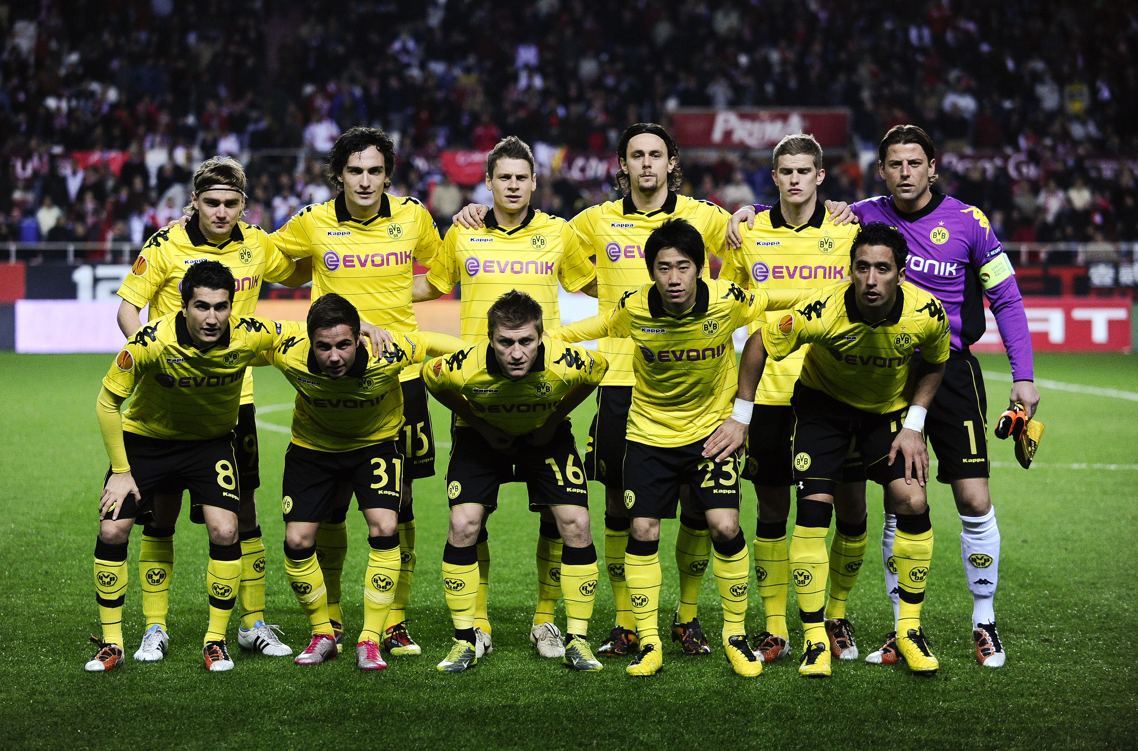 SEVILLE, SPAIN - DECEMBER 15:  Borussia Dortmund players pose for the photographers prior the UEFA Europa League group J match between Sevilla and Borussia Dortmund at Estadio Ramon Sanchez Pizjuan on December 15, 2010 in Seville, Spain. The match ended 2