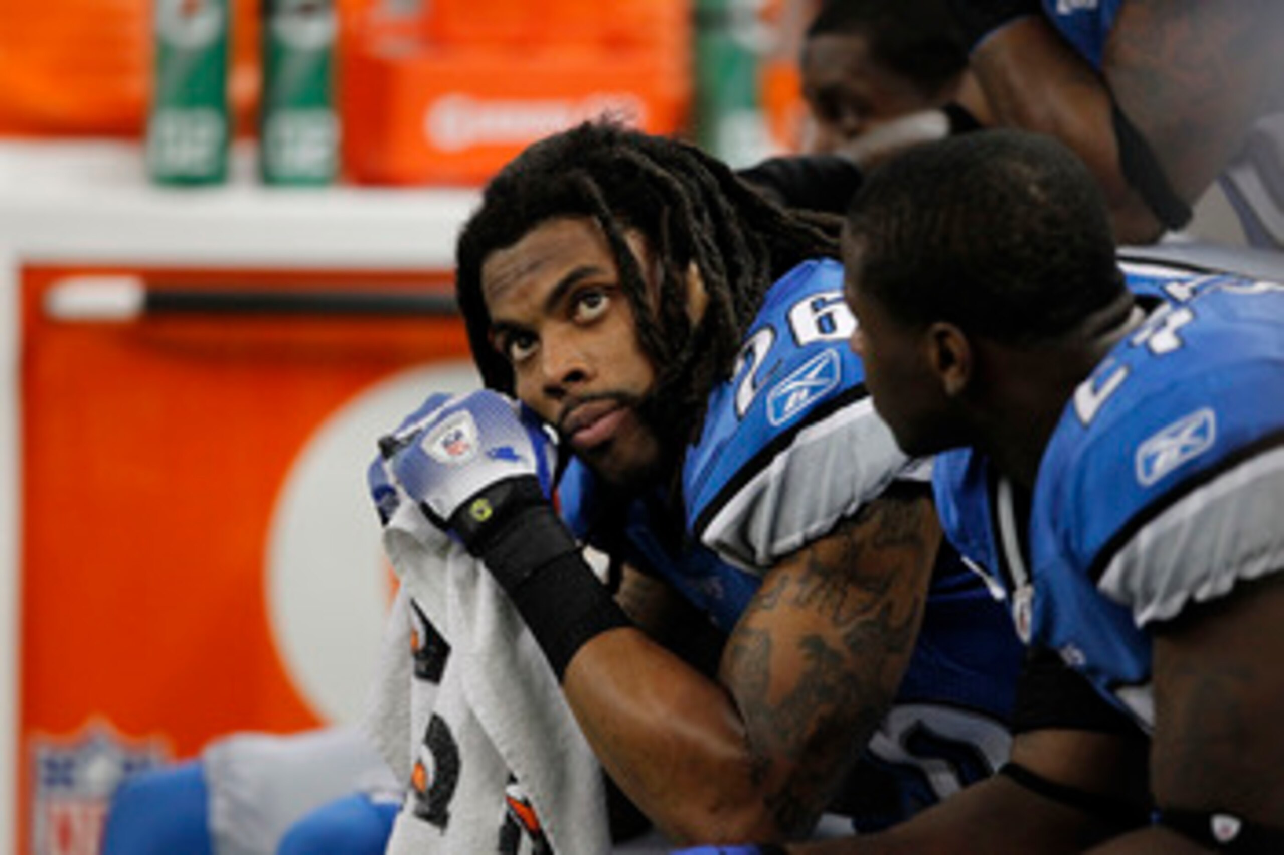 DETROIT - NOVEMBER 07:  Louis Delmas #26 of the Detroit Lions looks on during the Lions overtime loss to the New York Jets at Ford Field on November 7, 2010 in Detroit, Michigan. The Jets defeated the Lions 23-20 in overtime.  (Photo by Leon Halip/Getty I