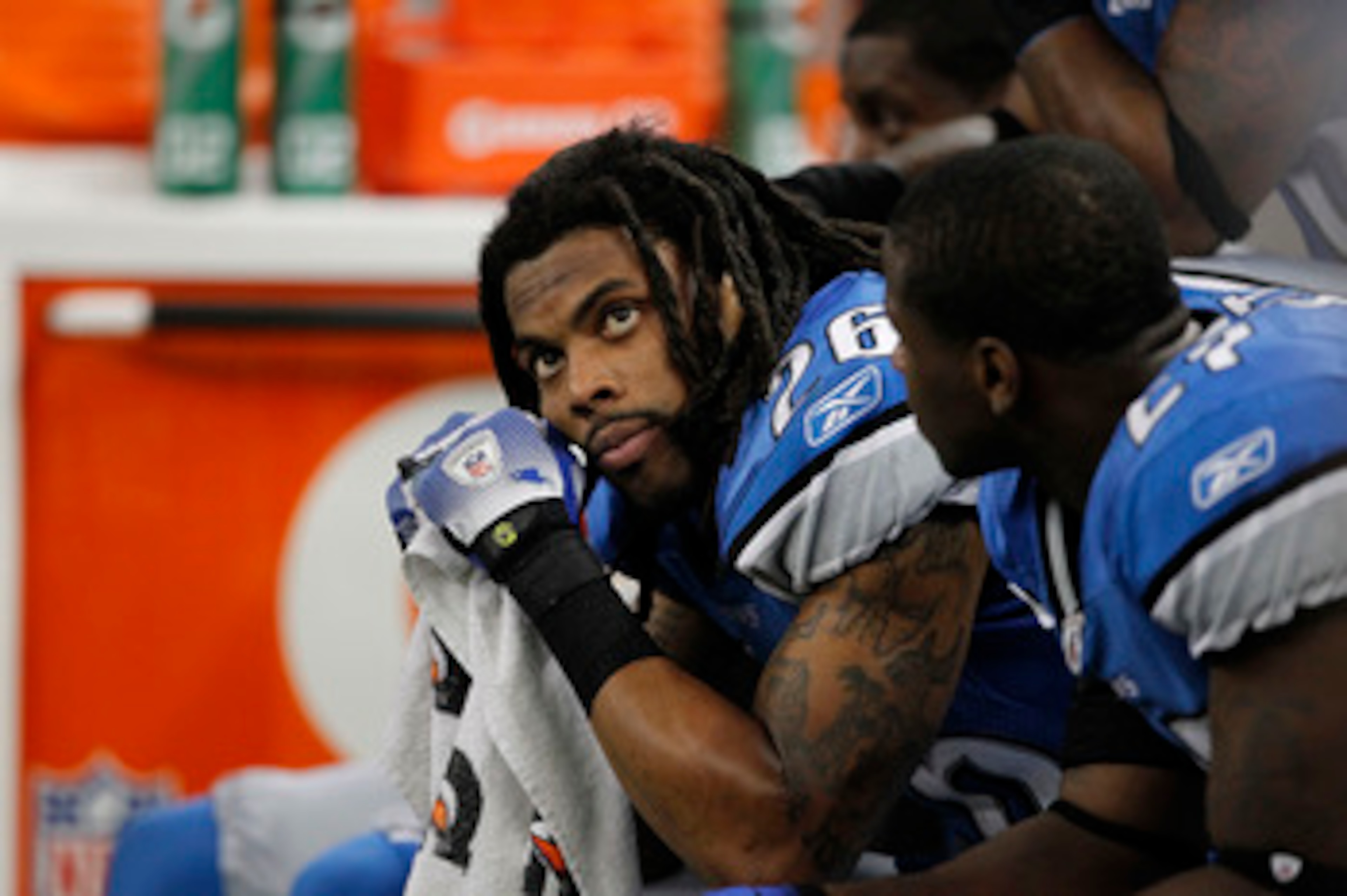 DETROIT - NOVEMBER 07:  Louis Delmas #26 of the Detroit Lions looks on during the Lions overtime loss to the New York Jets at Ford Field on November 7, 2010 in Detroit, Michigan. The Jets defeated the Lions 23-20 in overtime.  (Photo by Leon Halip/Getty I