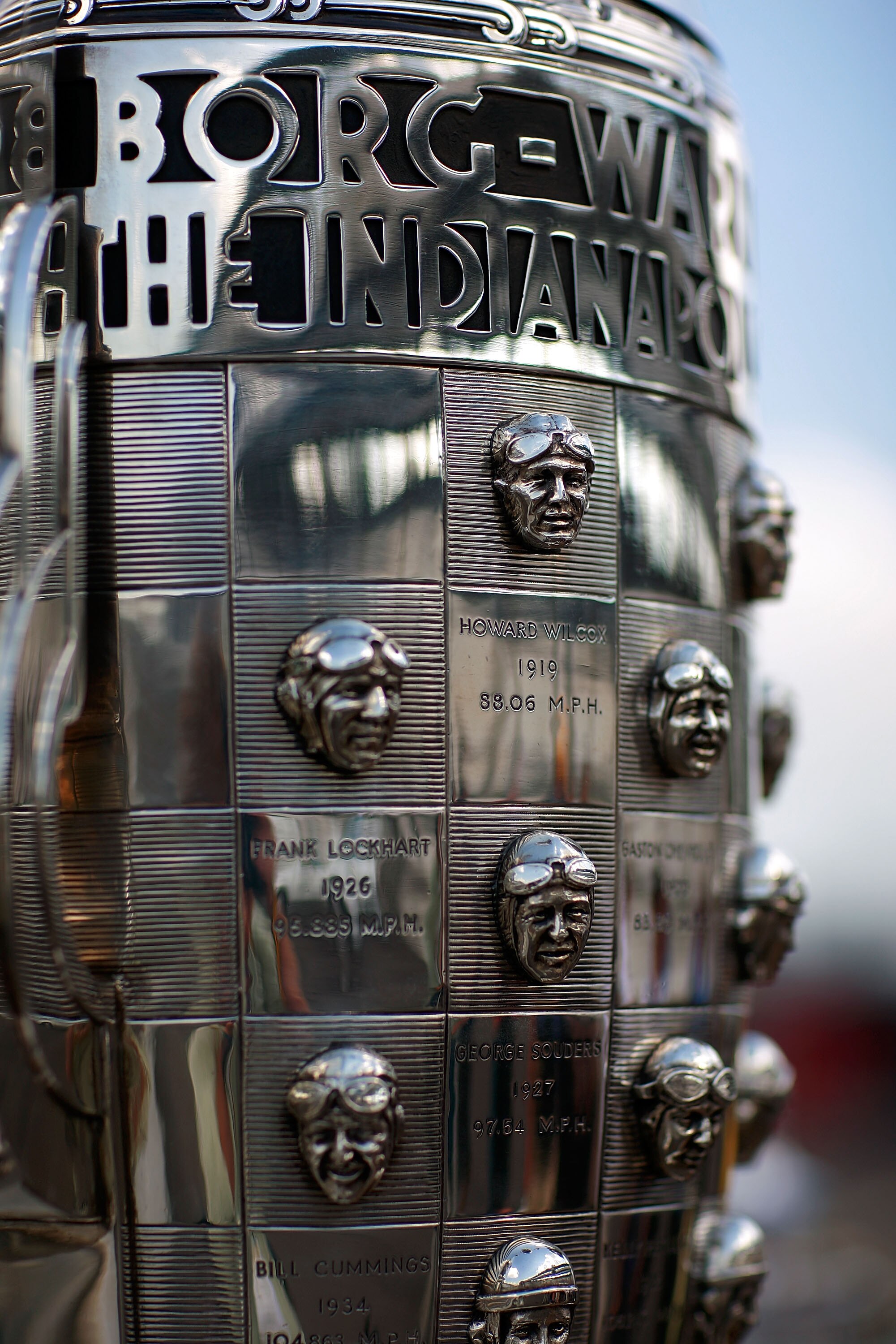 INDIANAPOLIS - JULY 25:  Detail of the Borg-Warner Trophy is displayed in front of the Pagoda after the NASCAR Sprint Cup Series Brickyard 400 at Indianapolis Motor Speedway on July 25, 2010 in Indianapolis, Indiana.  (Photo by Tom Pennington/Getty Images