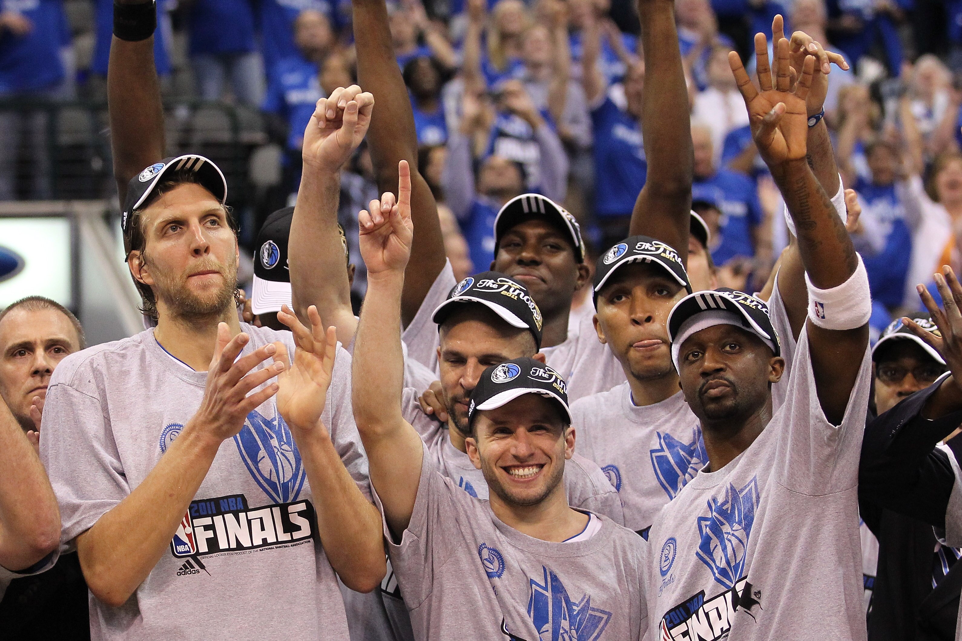 DALLAS, TX - MAY 25: Dirk Nowitzki #41, Jose Juan Barea #11 and Jason Terry #31 and the Dallas Mavericks celebrate their 100-96 victory against the Oklahoma City Thunder in Game Five of the Western Conference Finals during the 2011 NBA Playoffs at Americ DALLAS, TX - MAY 25: Dirk Nowitzki #41, Jose Juan Barea #11 and Jason Terry #31 and the Dallas Mavericks celebrate their 100-96 victory against the Oklahoma City Thunder in Game Five of the Western Conference Finals during the 2011 NBA Playoffs at Americ