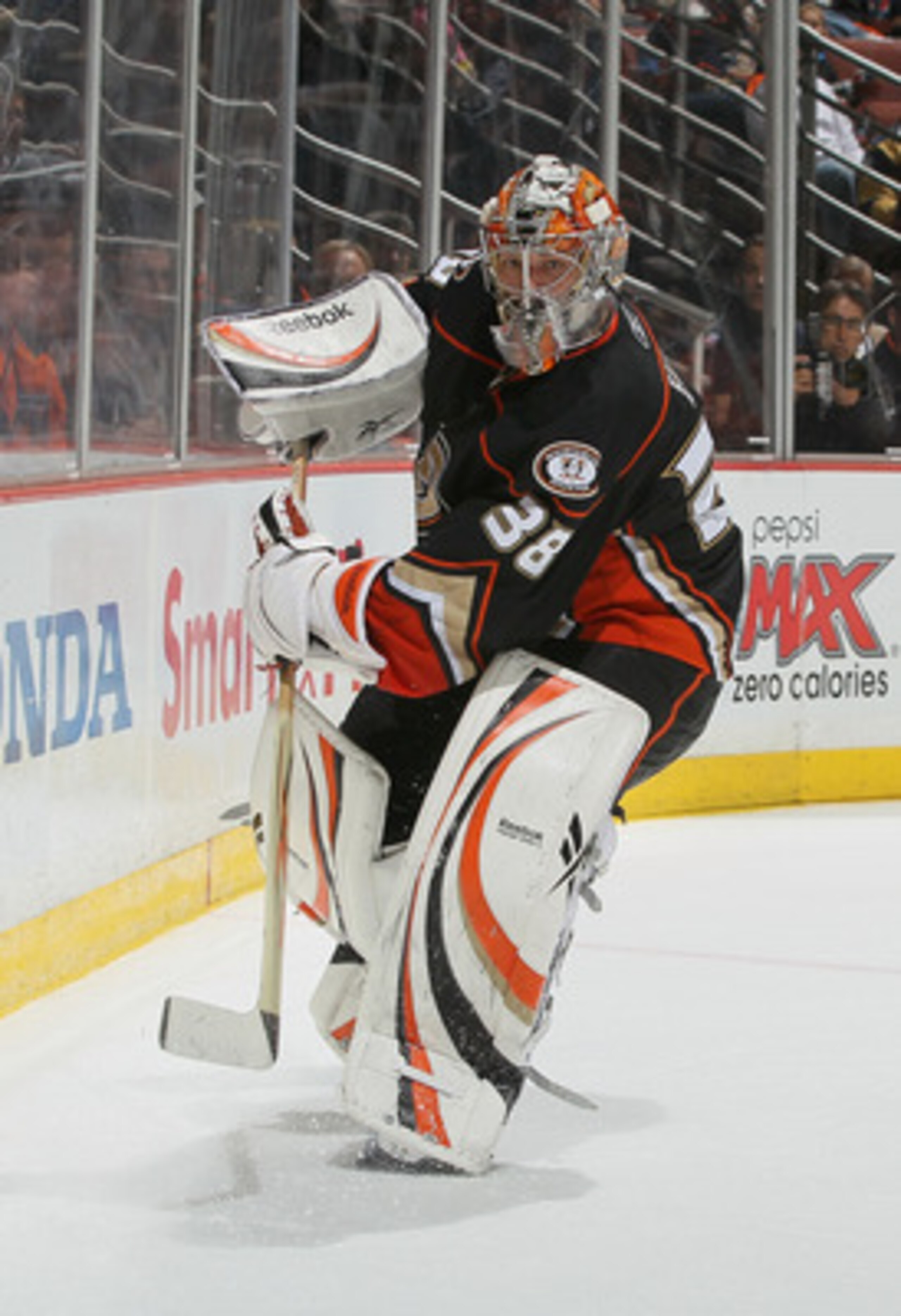 ANAHEIM, CA - APRIL 13:  Goaltender Dan Ellis #38 of the Anaheim Ducks skates against the Nashville Predators in Game One of the Western Conference Quarterfinals during the 2011 NHL Stanley Cup Playoffs at Honda Center on April 13, 2011 in Anaheim, Califo