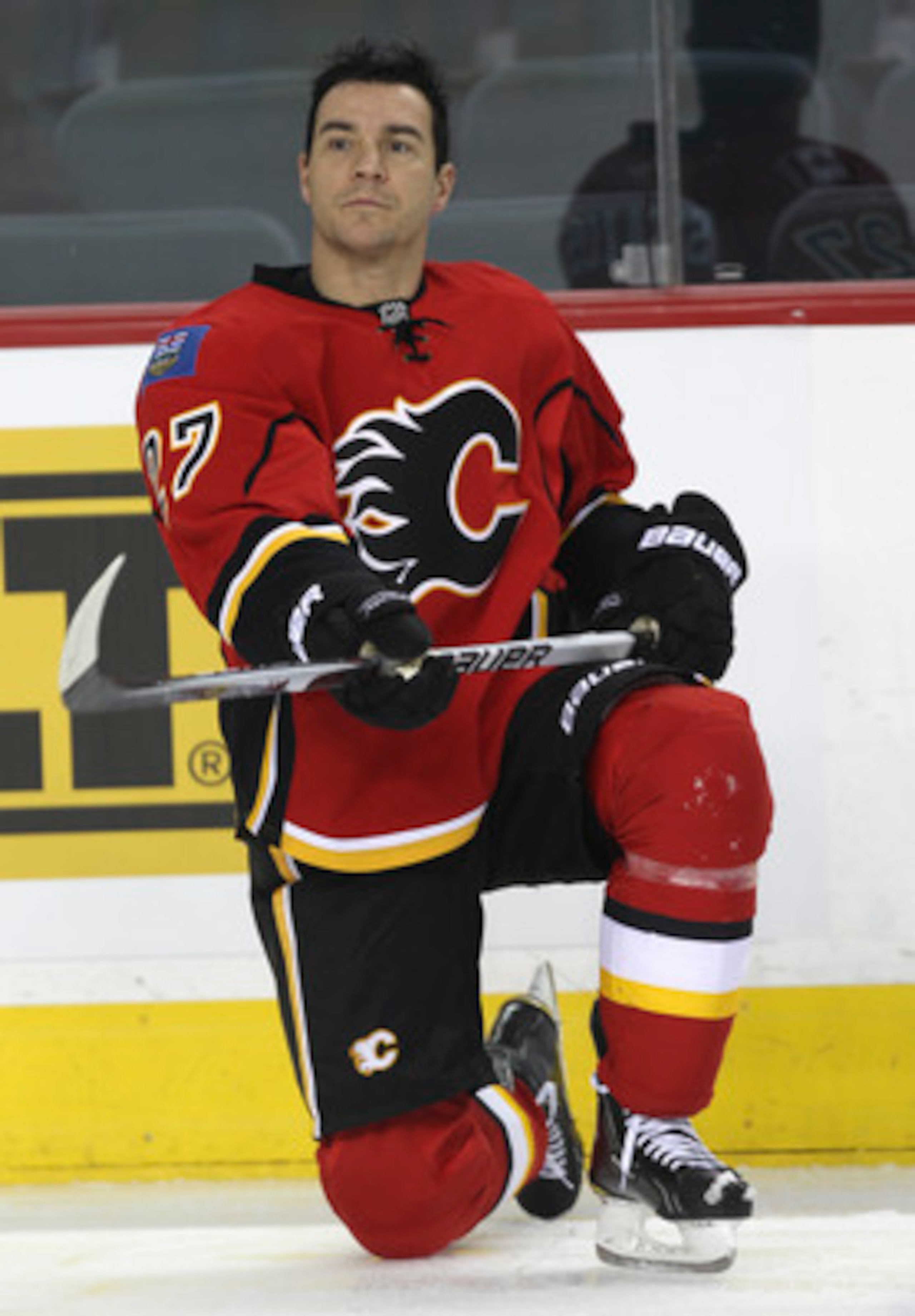 CALGARY, CANADA - MARCH 04: Steve Staios #27 of the Calgary Flames skates in the warm up before NHL action against the Columbus Blue Jackets on March 4, 2011 at the Scotiabank Saddledome in Calgary, Alberta, Canada. (Photo by Mike Ridewood/Getty Images)