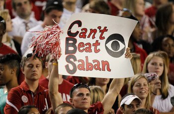 TUSCALOOSA, AL - OCTOBER 02:  A fan of the Alabama Crimson Tide holds up a sign about head coach Nick Saban during the game against the Florida Gators at Bryant-Denny Stadium on October 2, 2010 in Tuscaloosa, Alabama.  (Photo by Kevin C. Cox/Getty Images)