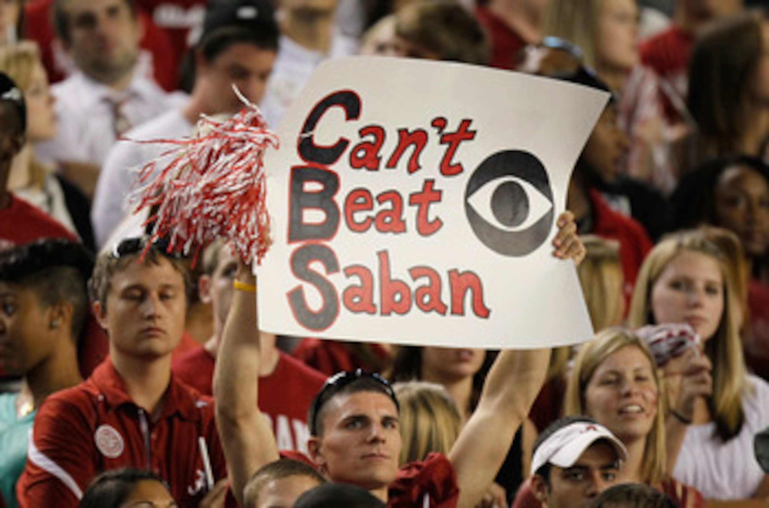 TUSCALOOSA, AL - OCTOBER 02: A fan of the Alabama Crimson Tide holds up a sign about head coach Nick Saban during the game against the Florida Gators at Bryant-Denny Stadium on October 2, 2010 in Tuscaloosa, Alabama. (Photo by Kevin C. Cox/Getty Images) TUSCALOOSA, AL - OCTOBER 02: A fan of the Alabama Crimson Tide holds up a sign about head coach Nick Saban during the game against the Florida Gators at Bryant-Denny Stadium on October 2, 2010 in Tuscaloosa, Alabama. (Photo by Kevin C. Cox/Getty Images)