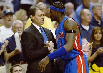 INDIANAPOLIS - MAY 22:  Head coach Rick Carlisle of the Indiana Pacers greets former Pacer Ben Wallace #3 of the Detroit Pistons before Game one of the Eastern Conference Finals during the 2004 NBA Playoffs at Conseco Fieldhouse on May 22, 2004 in Indiana