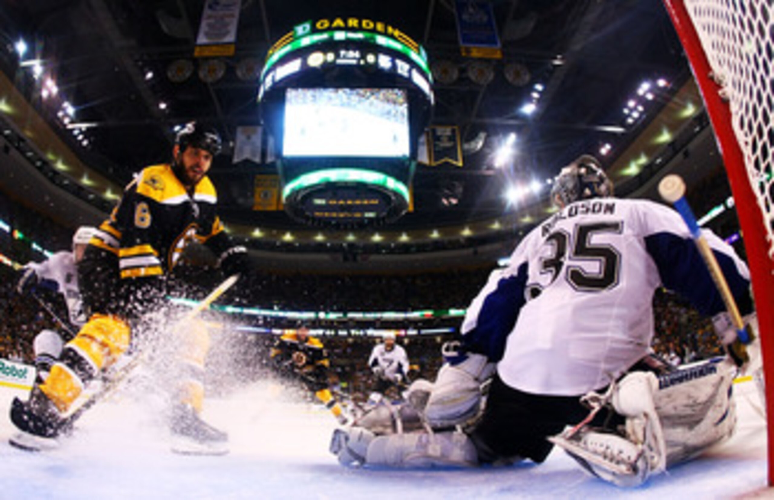 BOSTON, MA - MAY 27:  Nathan Horton #18 of the Boston Bruins shoots his game winning third period goal past Dwayne Roloson #35 of the Tampa Bay Lightning in Game Seven of the Eastern Conference Finals during the 2011 NHL Stanley Cup Playoffs at TD Garden
