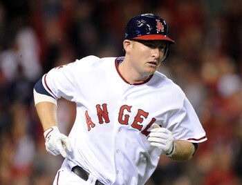 ANAHEIM, CA - MAY 20:  Mark Trumbo #44 of the Los Angeles Angels of Anaheim heads to first after his three run homerun for a 6-0 lead over the Atlanta Braves during the third inning at Angel Stadium on May 20, 2011 in Anaheim, California.  (Photo by Harry