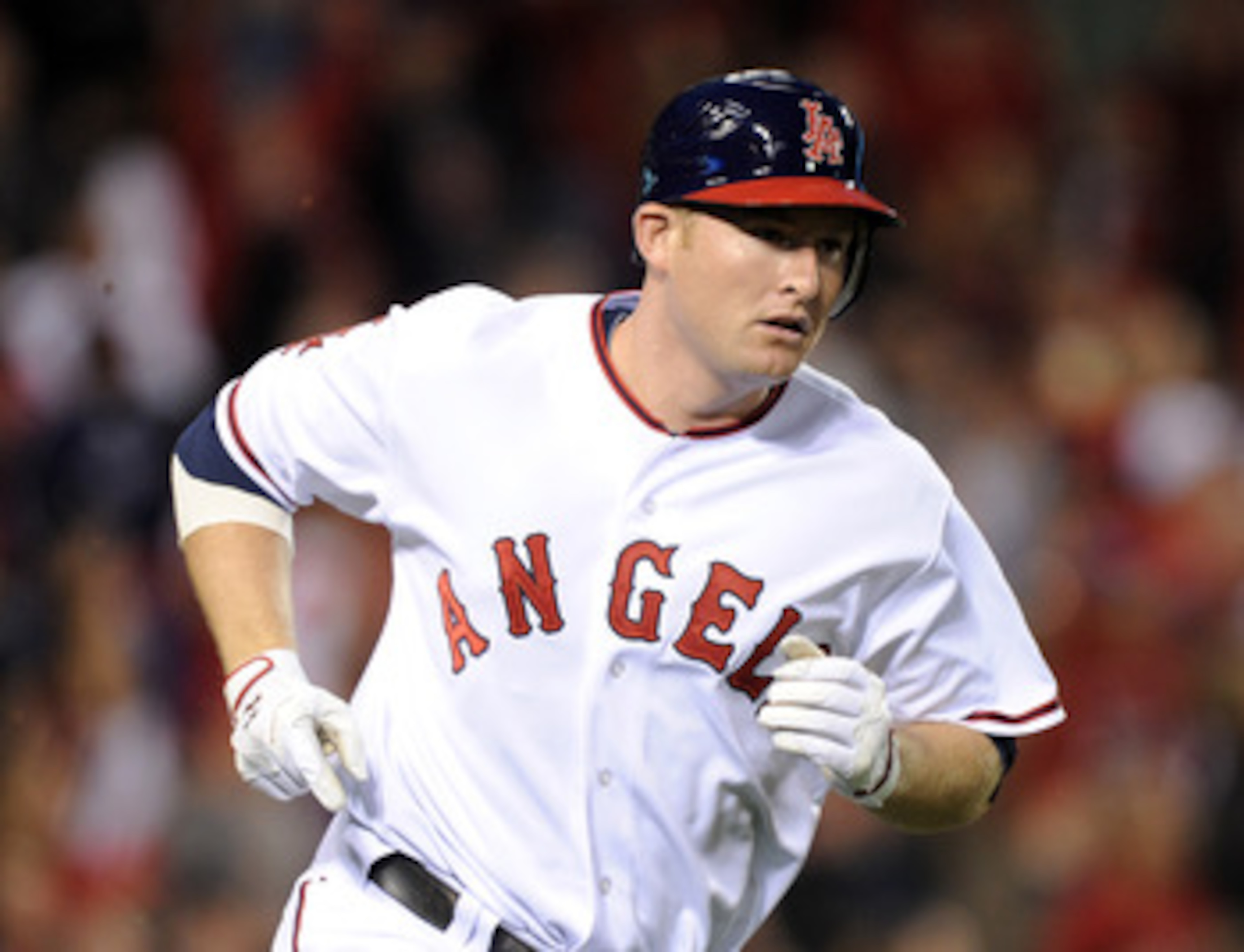 ANAHEIM, CA - MAY 20: Mark Trumbo #44 of the Los Angeles Angels of Anaheim heads to first after his three run homerun for a 6-0 lead over the Atlanta Braves during the third inning at Angel Stadium on May 20, 2011 in Anaheim, California. (Photo by Harry ANAHEIM, CA - MAY 20: Mark Trumbo #44 of the Los Angeles Angels of Anaheim heads to first after his three run homerun for a 6-0 lead over the Atlanta Braves during the third inning at Angel Stadium on May 20, 2011 in Anaheim, California. (Photo by Harry