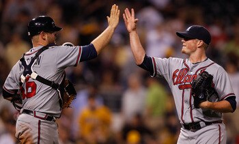 PITTSBURGH - MAY 24:  Craig Kimbrel #46 and teammate Brian McCann #16 of the Atlanta Braves celebrate after their win against the Pittsburgh Pirates during the game on May 24, 2011 at PNC Park in Pittsburgh, Pennsylvania.  (Photo by Jared Wickerham/Getty
