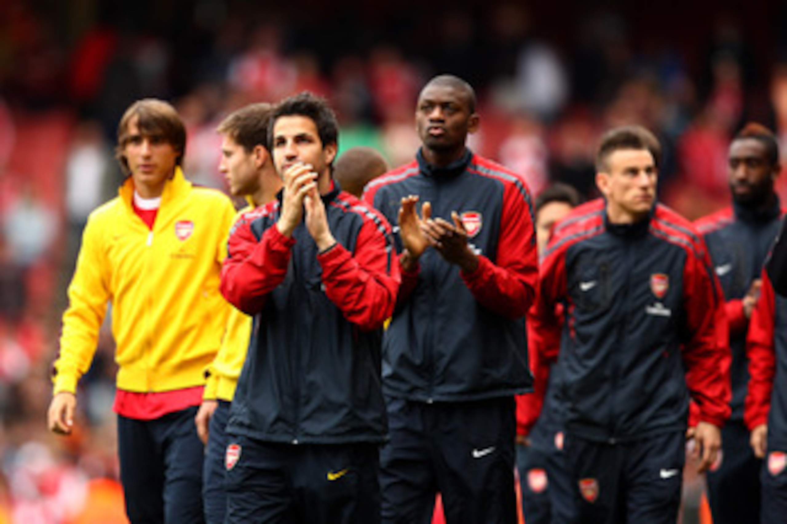 LONDON, ENGLAND - MAY 15:  Cesc Fabregas of Arsenal applauds the fans as he joins his team mates in a lap of honour after the Barclays Premier League match between Arsenal and Aston Villa at the Emirates Stadium on May 15, 2011 in London, England.  (Photo