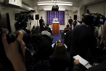 DETROIT, MI - JANUARY 02:  Brett Favre #4 of the Minnesota Vikings talks at a post game press conference after a 13-20 loss to the Detroit Lions at Ford Field on January 2, 2011 in Detroit, Michigan.  (Photo by Gregory Shamus/Getty Images)