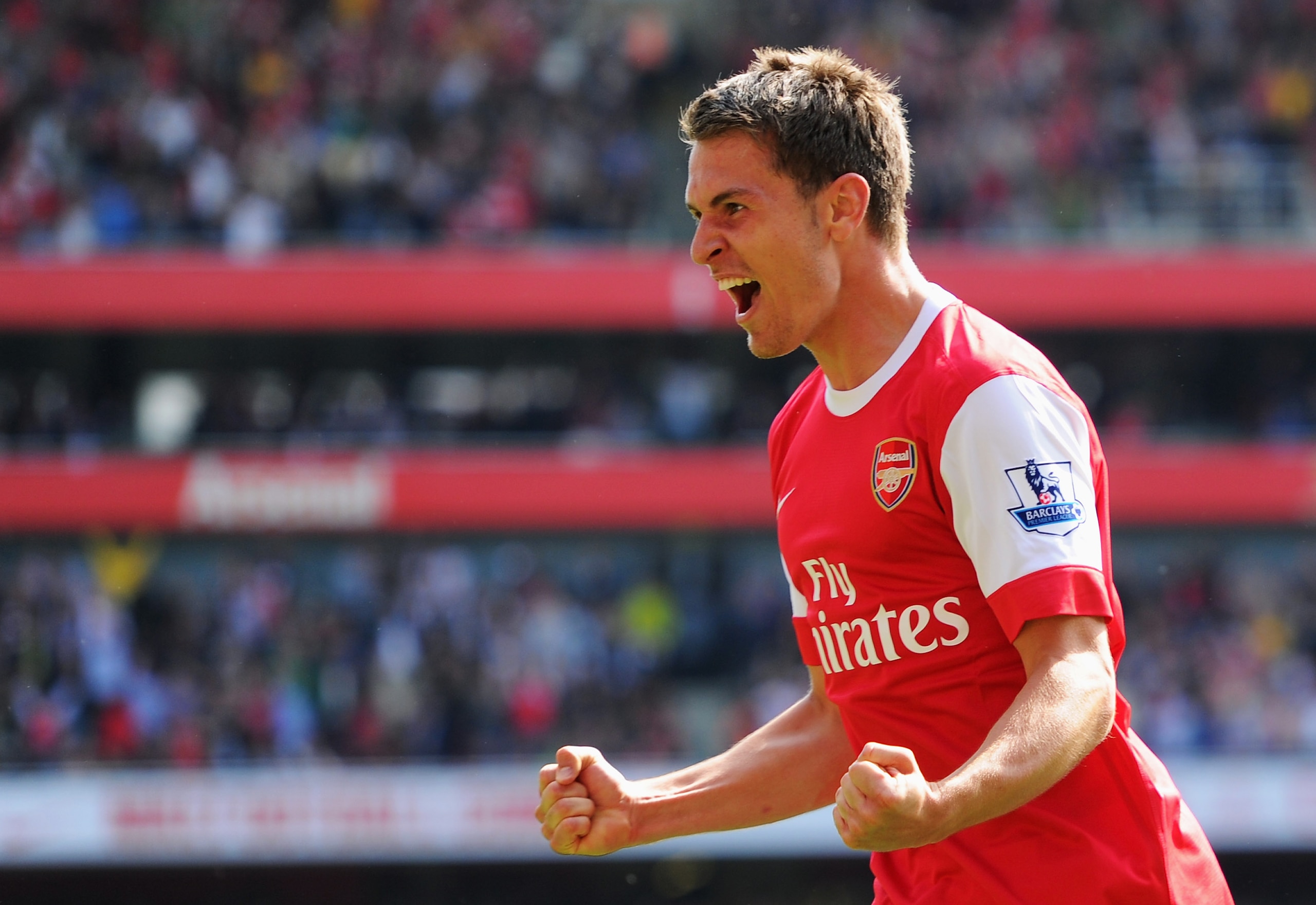 LONDON, ENGLAND - MAY 01: Aaron Ramsey of Arsenal celebrates as he scores their first goal during the Barclays Premier League match between Arsenal and Manchester United at the Emirates Stadium on May 1, 2011 in London, England. (Photo by Mike Hewitt/Ge LONDON, ENGLAND - MAY 01: Aaron Ramsey of Arsenal celebrates as he scores their first goal during the Barclays Premier League match between Arsenal and Manchester United at the Emirates Stadium on May 1, 2011 in London, England. (Photo by Mike Hewitt/Ge