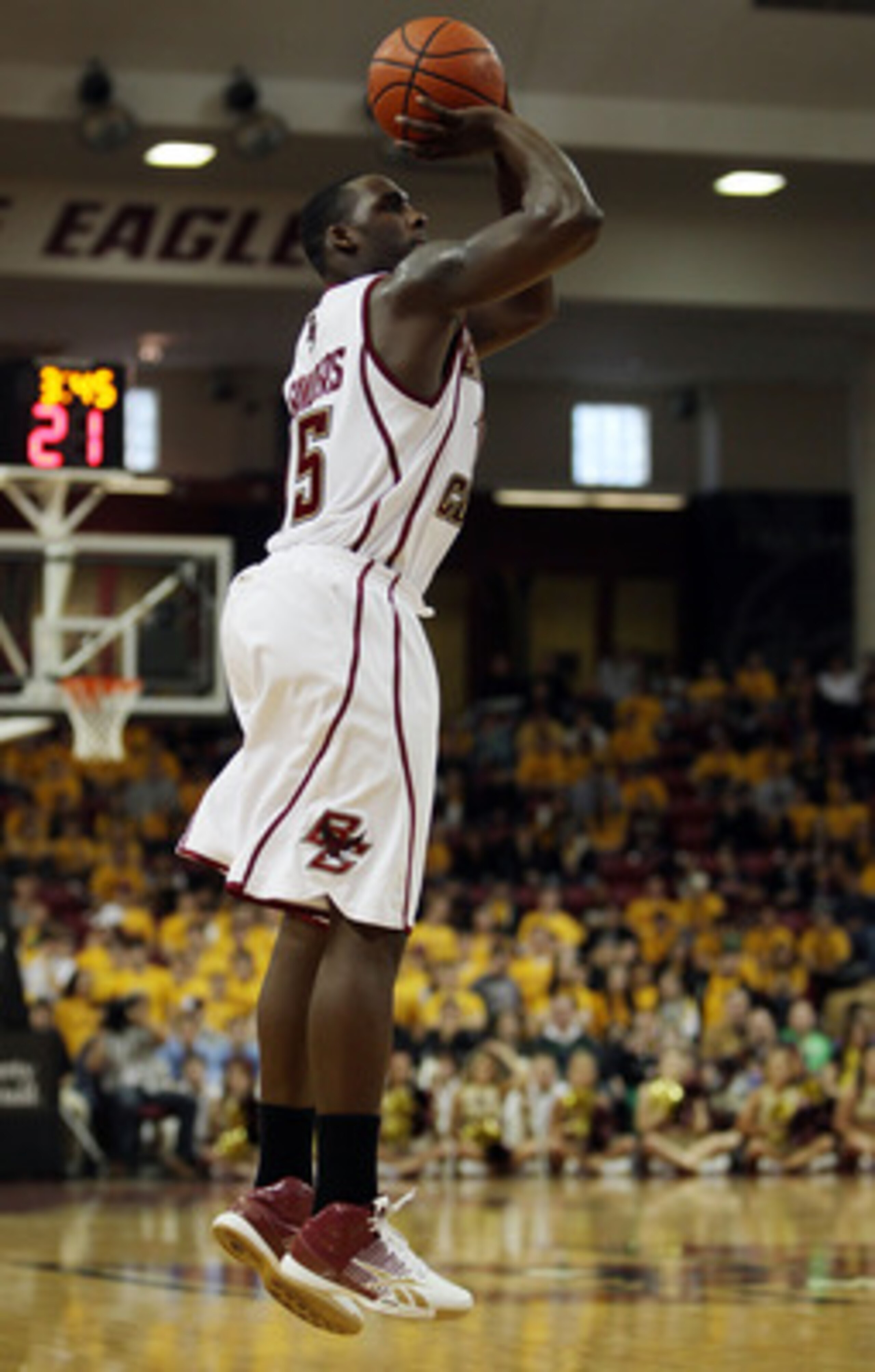 CHESTNUT HILL, MA - FEBRUARY 20:  Rakim Sanders #15 of the Boston College Eagles takes a shot in the first half against the North Carolina Tar Heels on February 20, 2010 at Conte Forum in Chestnut Hill, Massachusetts. The Eagles defeated the Tar Heels 71-
