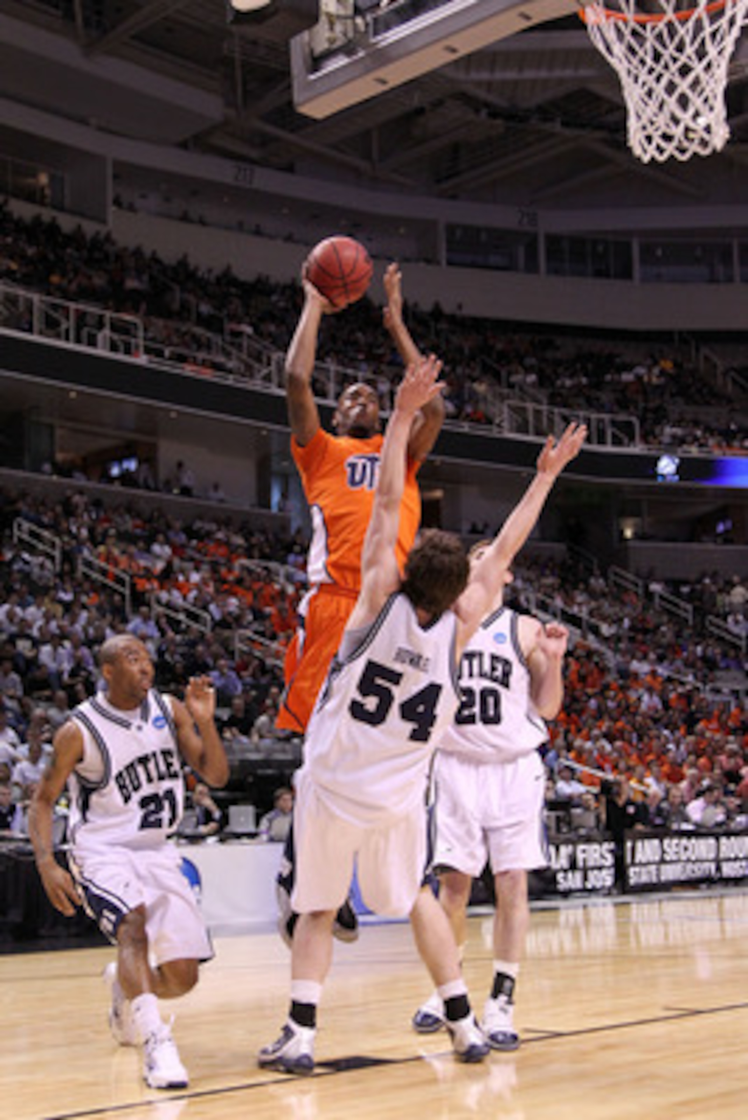 SAN JOSE, CA - MARCH 18:  Forward Arnett Moultrie #1 of the UTEP Miners takes a shot over forward Matt Howard #54 of the Butler Bulldogs during the first round of the 2010 NCAA men's basketball tournament at HP Pavilion on March 18, 2010 in San Jose, Cali