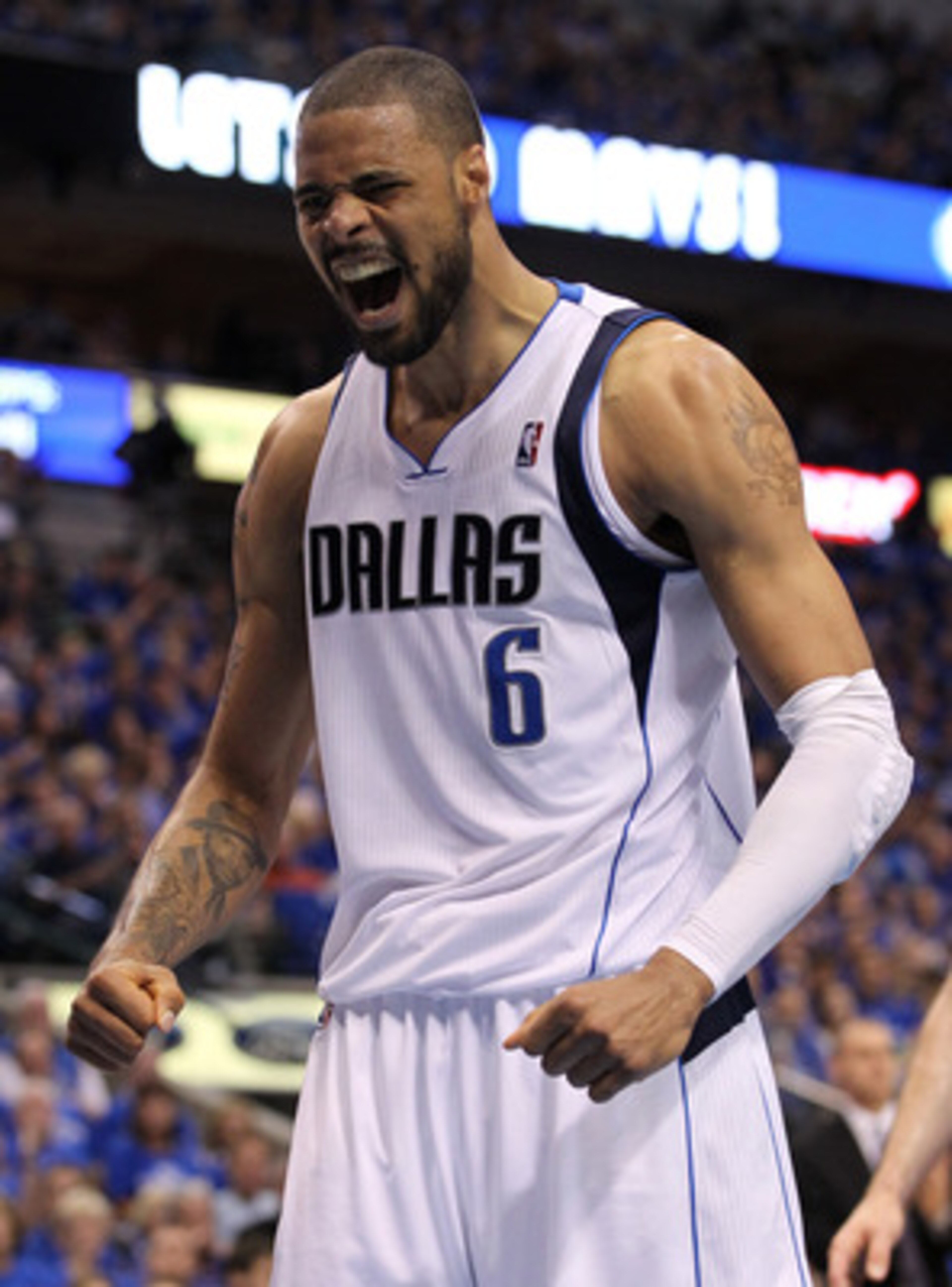 DALLAS, TX - MAY 19:  Tyson Chandler #6 of the Dallas Mavericks reacts in the second quarter while taking on the Oklahoma City Thunder in Game Two of the Western Conference Finals during the 2011 NBA Playoffs at American Airlines Center on May 19, 2011 in