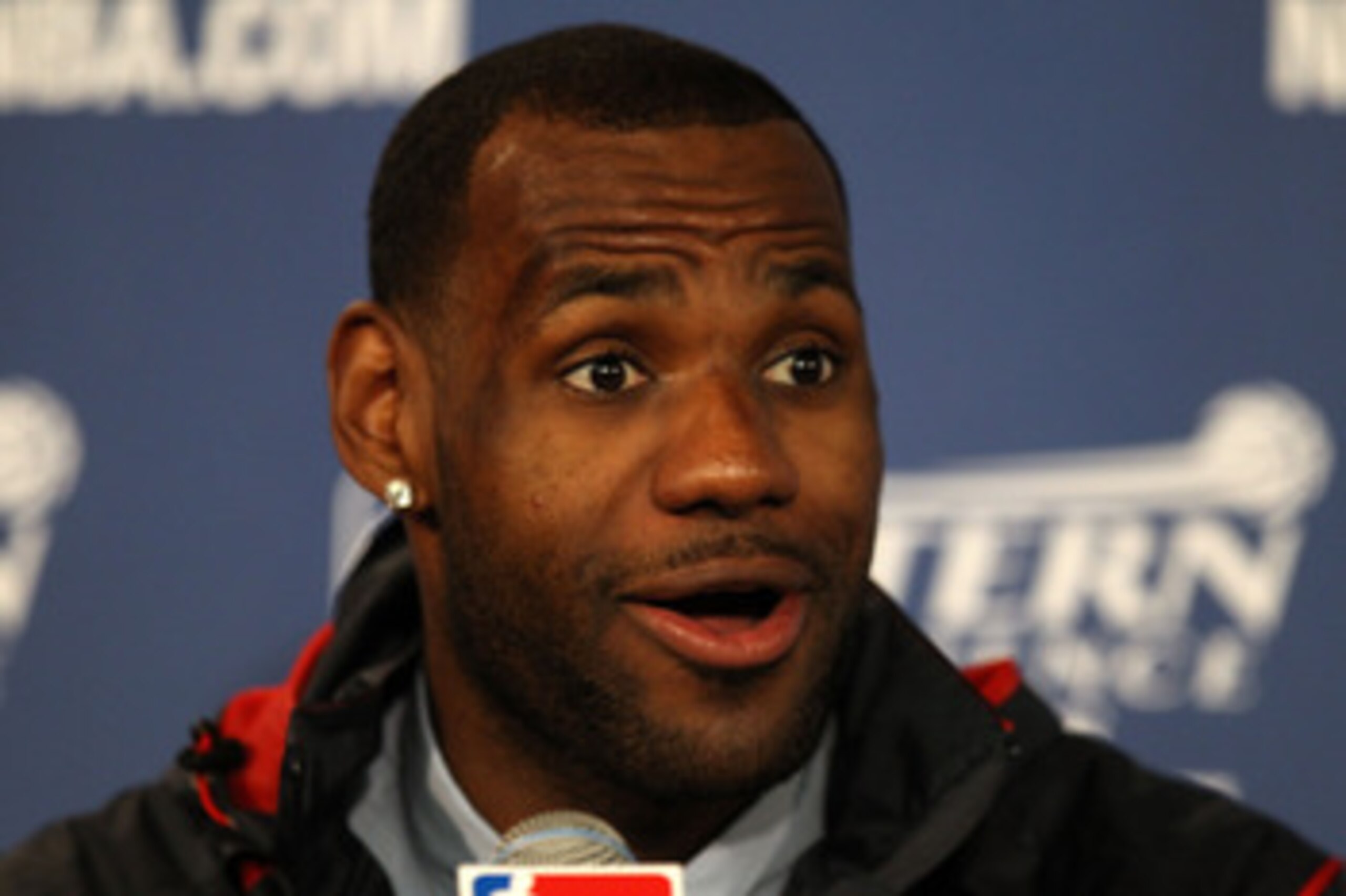 CHICAGO, IL - MAY 26: LeBron James #6 of the Miami Heat answers questions from the media at the post game press conference after the Heat won 83-80 against the Chicago Bulls in Game Five of the Eastern Conference Finals during the 2011 NBA Playoffs on Ma CHICAGO, IL - MAY 26: LeBron James #6 of the Miami Heat answers questions from the media at the post game press conference after the Heat won 83-80 against the Chicago Bulls in Game Five of the Eastern Conference Finals during the 2011 NBA Playoffs on Ma