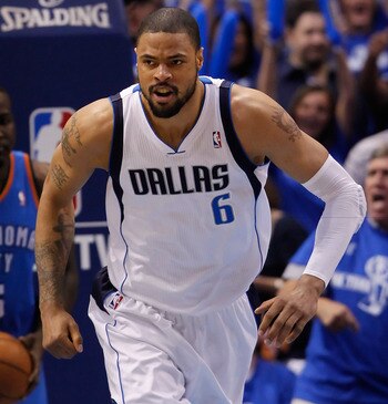DALLAS, TX - MAY 25:  Tyson Chandler #6 of the Dallas Mavericks reacts while taking on the Oklahoma City Thunder in Game Five of the Western Conference Finals during the 2011 NBA Playoffs at American Airlines Center on May 25, 2011 in Dallas, Texas. NOTE