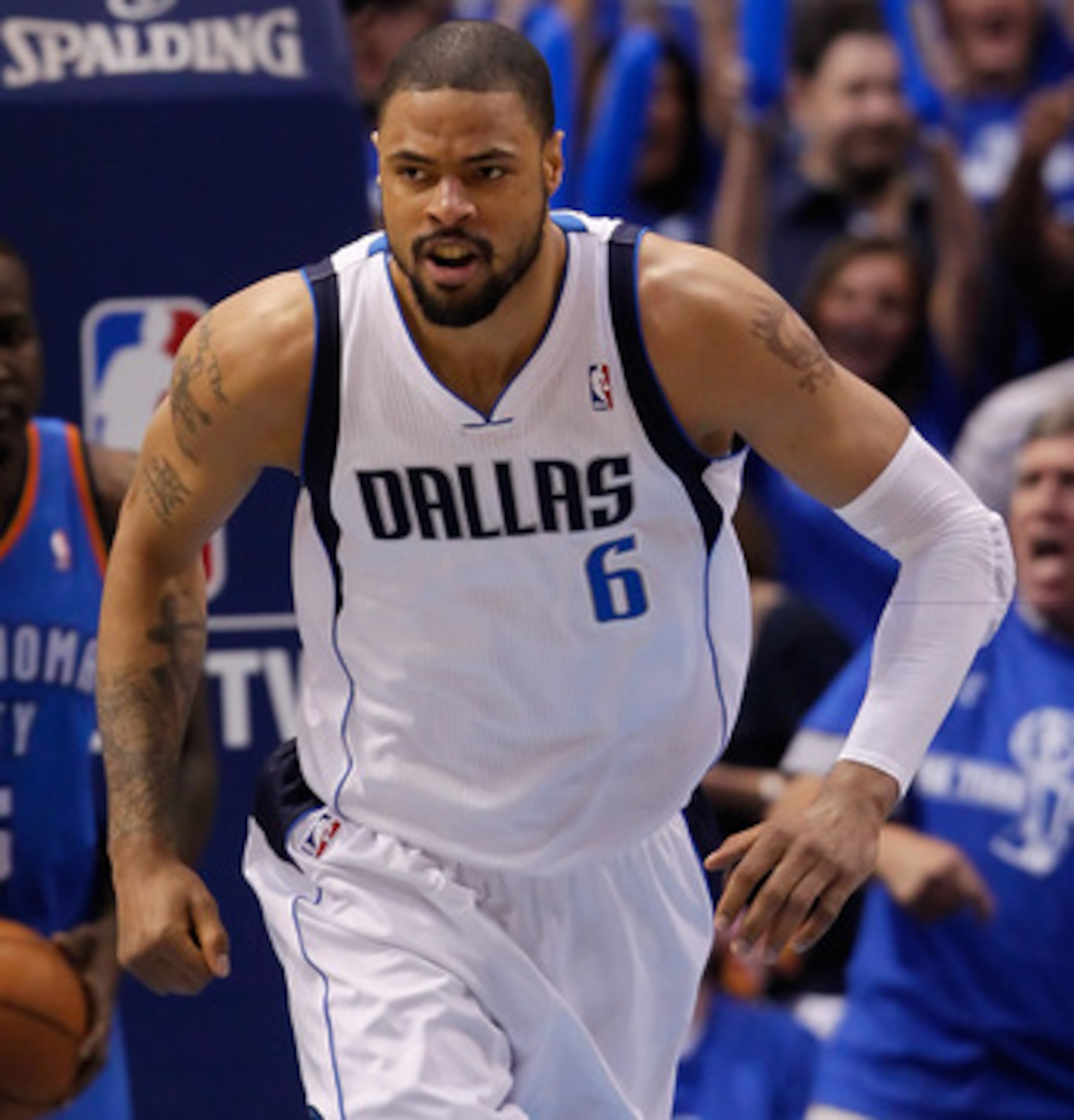 DALLAS, TX - MAY 25:  Tyson Chandler #6 of the Dallas Mavericks reacts while taking on the Oklahoma City Thunder in Game Five of the Western Conference Finals during the 2011 NBA Playoffs at American Airlines Center on May 25, 2011 in Dallas, Texas. NOTE