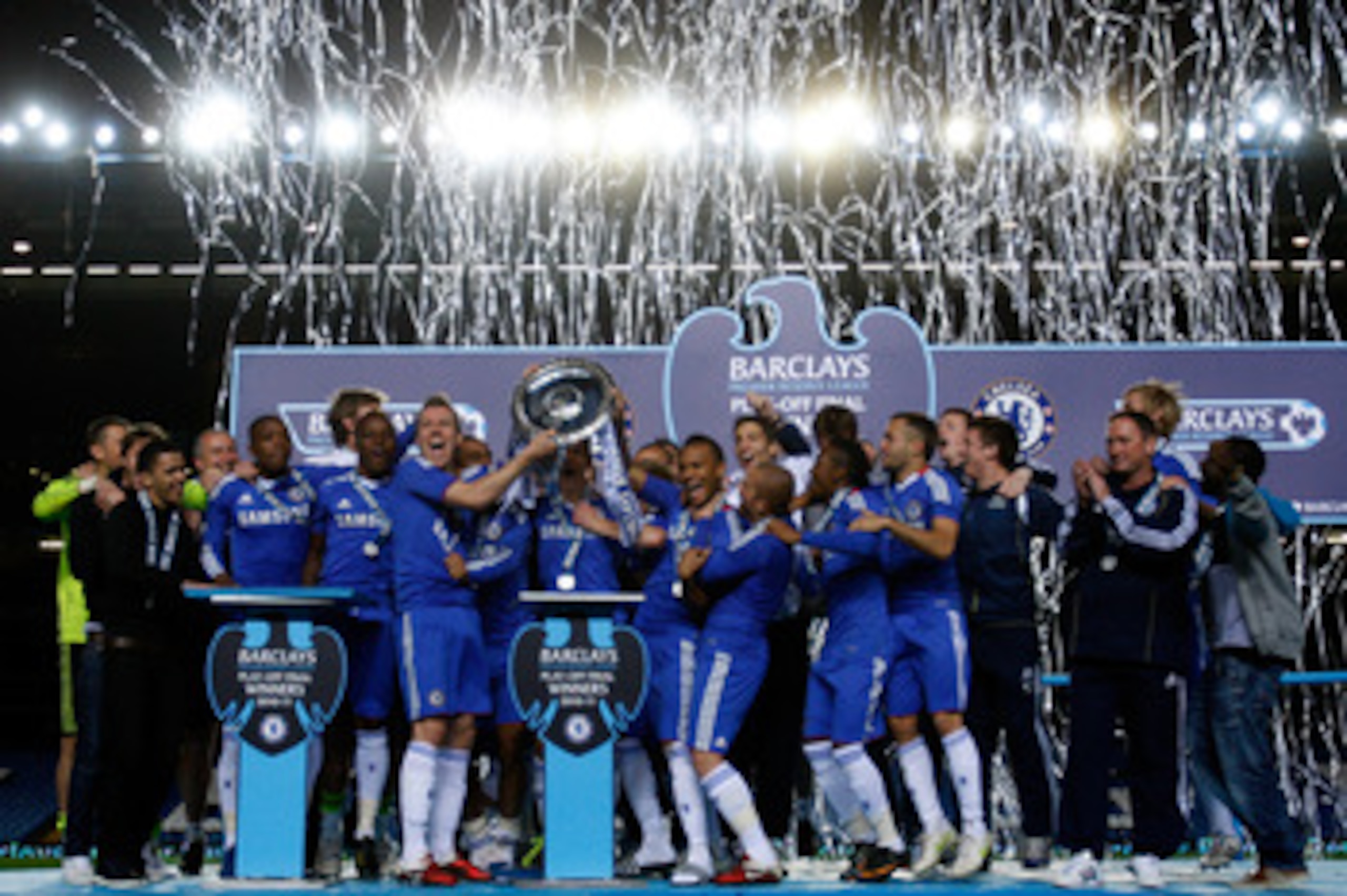 LONDON, ENGLAND - MAY 16:  Chelsea players celebrate with the trophy after winning the Barclays Premier Reserve League Play-Off Final against Blackburn Rovers at Stamford Bridge on May 16, 2011 in London, England.  (Photo by Dan Istitene/Getty Images)