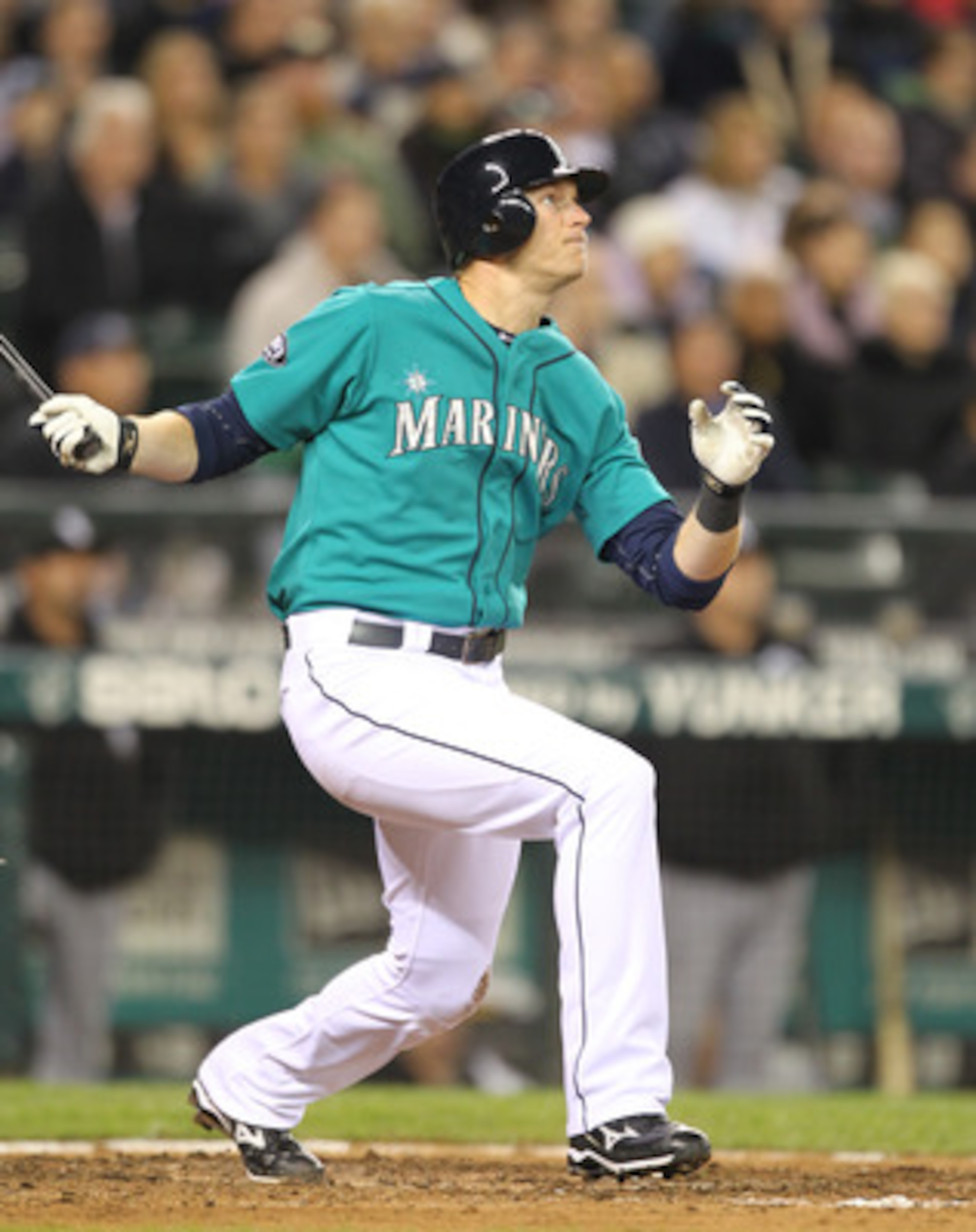 SEATTLE - MAY 06:  Michael Saunders #55 of the Seattle Mariners bats against the Chicago White Sox at Safeco Field on May 6, 2011 in Seattle, Washington. The Mariners won 3-2. (Photo by Otto Greule Jr/Getty Images)