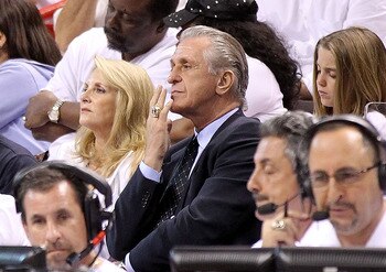 MIAMI, FL - APRIL 27:  Miami Heat President Pat Riley looks on during game five of the Eastern Conference Quarterfinals in the 2011 NBA Playoffs against the Philadelphia 76ers at American Airlines Arena on April 27, 2011 in Miami, Florida. NOTE TO USER: U