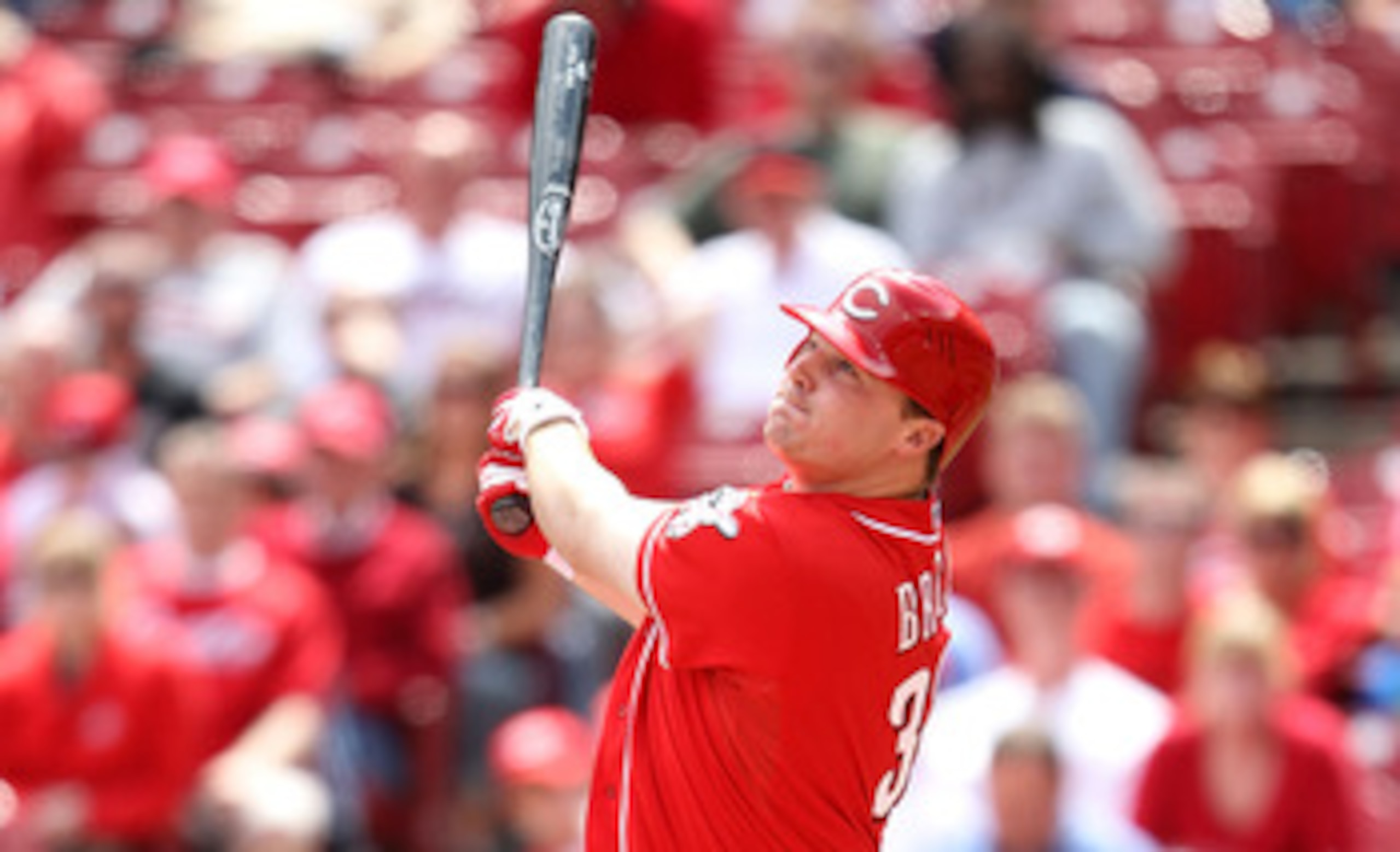 CINCINNATI, OH - MAY 19:  Jay Bruce #32 of the Cincinnati Reds hits one of his two home runs during the game against the Pittsburgh Pirates at Great American Ball Park on May 19, 2011 in Cincinnati, Ohio.  (Photo by Andy Lyons/Getty Images)