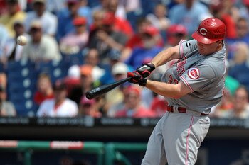 PHILADELPHIA, PA - MAY 26: Jay Bruce #32 of the Cincinnati Reds hits a two run home run during the game against the Philadelphia Phillies at Citizens Bank Park on May 26, 2011 in Philadelphia, Pennsylvania. The Phillies won 10-4. (Photo by Drew Hallowell/