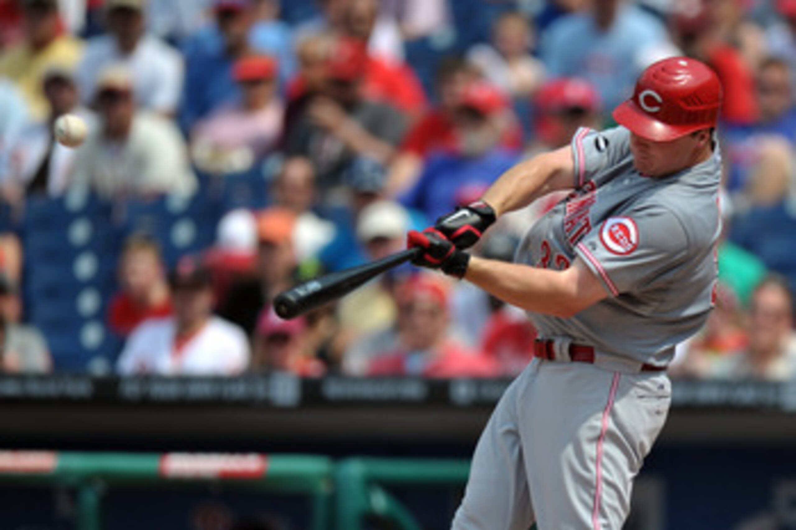 PHILADELPHIA, PA - MAY 26: Jay Bruce #32 of the Cincinnati Reds hits a two run home run during the game against the Philadelphia Phillies at Citizens Bank Park on May 26, 2011 in Philadelphia, Pennsylvania. The Phillies won 10-4. (Photo by Drew Hallowell/