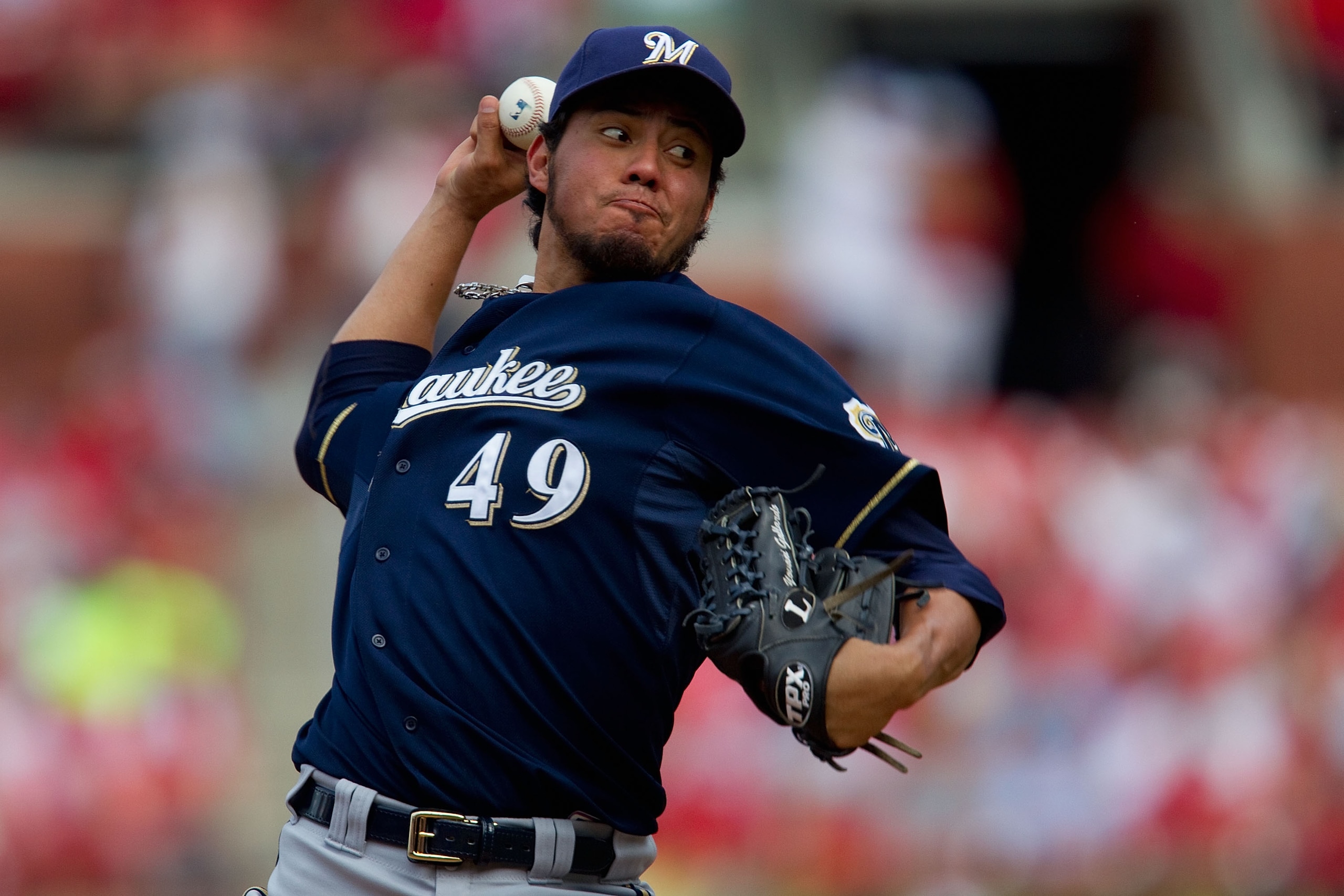 ST. LOUIS, MO - MAY 7: Starter Yovani Gallardo #49 of the Milwaukee Brewers pitches against the St. Louis Cardinals at Busch Stadium on May 7, 2011 in St. Louis, Missouri.  (Photo by Dilip Vishwanat/Getty Images)