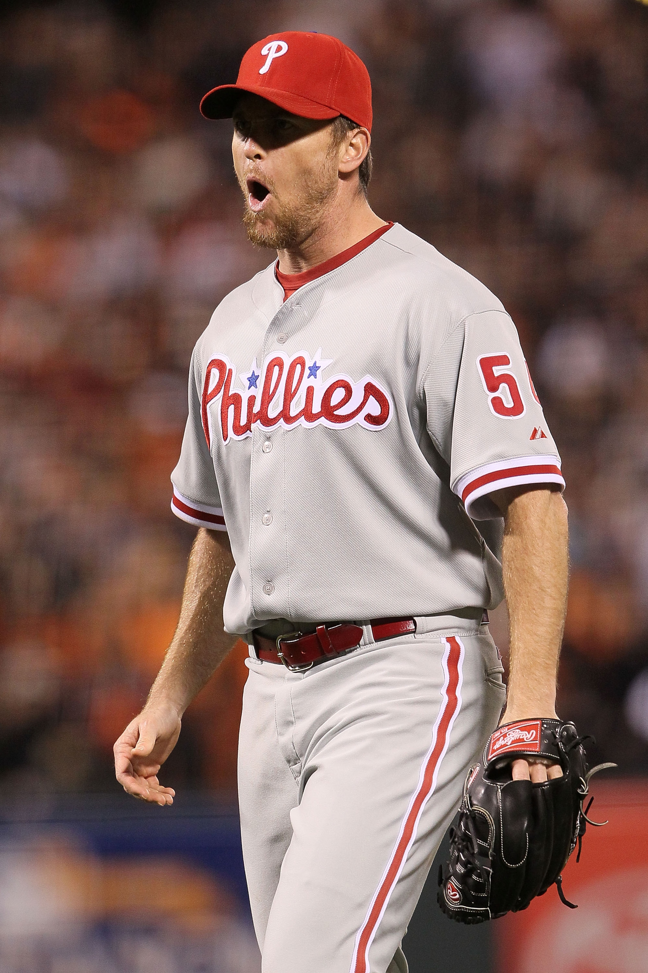SAN FRANCISCO - OCTOBER 21:  Brad Lidge #54 of the Philadelphia Phillies reacts after defeating the San Francisco Giants 4-2 in Game Five of the NLCS during the 2010 MLB Playoffs at AT&T Park on October 21, 2010 in San Francisco, California.  (Photo by Ju