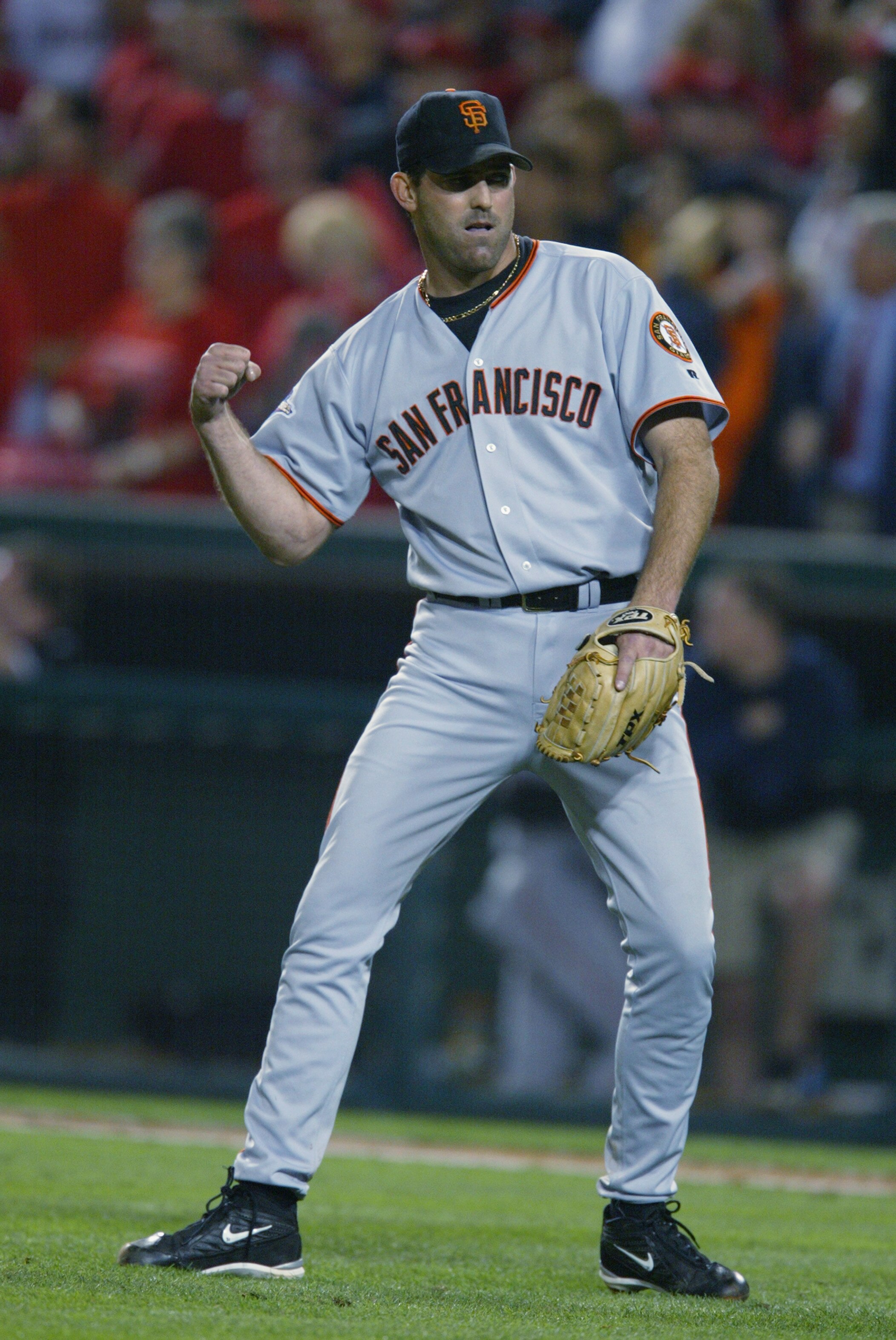 ANAHEIM, CA - OCTOBER 19:  Closing pitcher Robb Nen #31 of the San Francisco Giants celebrates after pitching the last out against the Anaheim Angels in game one of the World Series on October 19, 2002 at Edison Field in Anaheim, California.  The Giants d