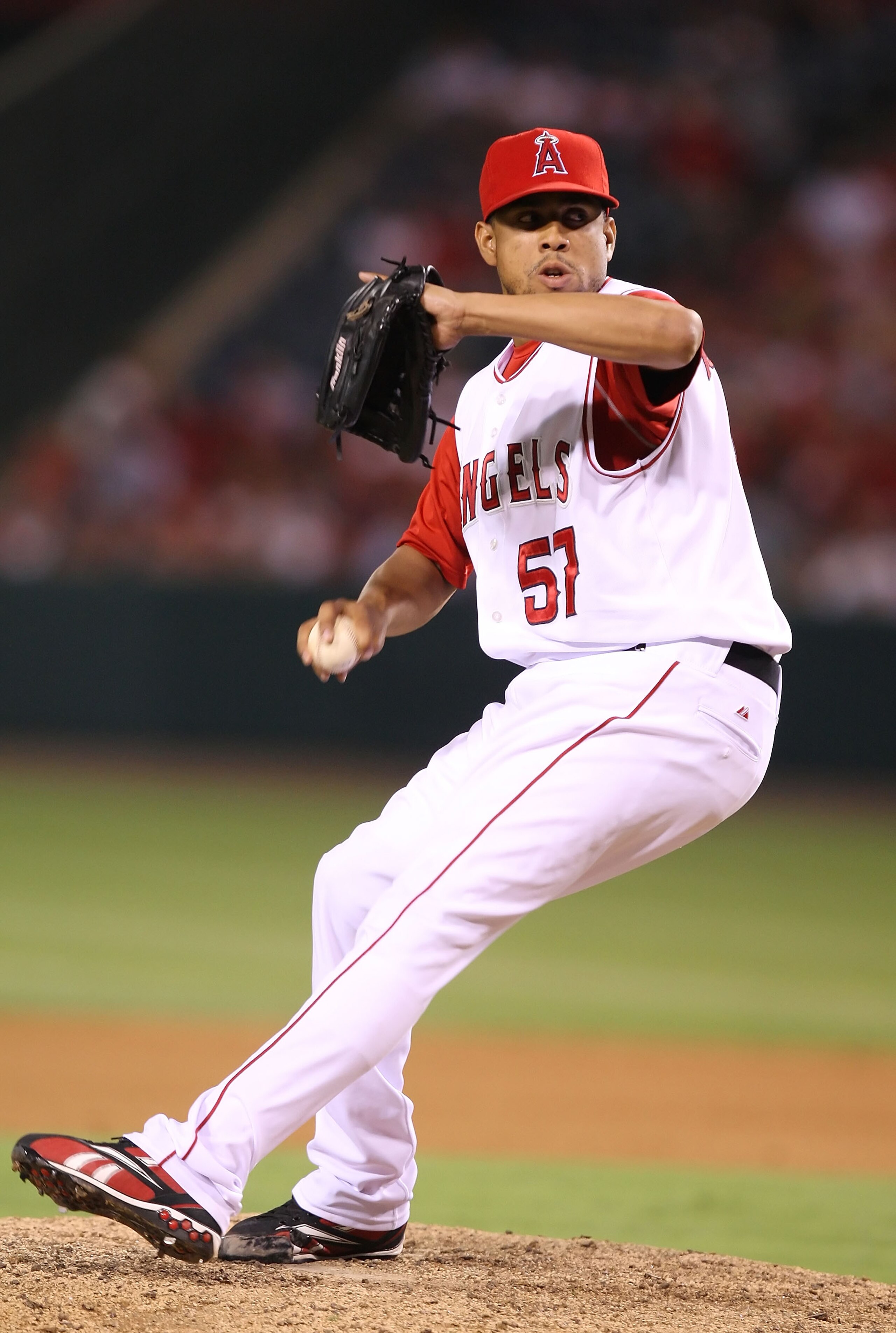 ANAHEIM, CA - AUGUST 30:  Francisco Rodriguez #57 of the Los Angeles Angels of Anaheim pitches in the 9th inning against the Texas Rangers at Angels Stadium on August 30, 2008 in Anaheim, California.  (Photo by Lisa Blumenfeld/Getty Images)