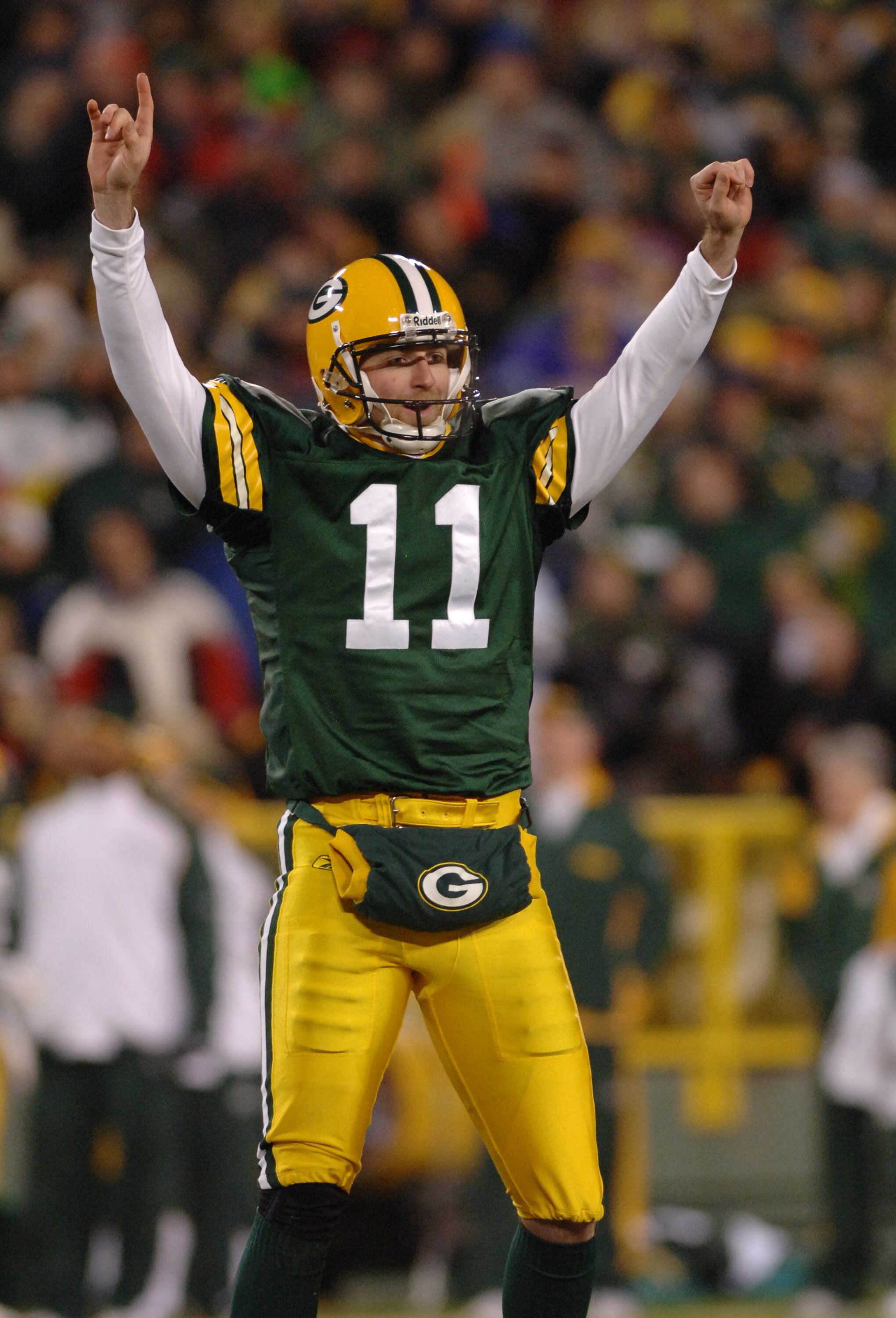 Green Bay Packers punter B. J. Sander celebrates a field goal  against the Minnesota Vikings  at Lambeau Field November 21, 2005 in Green Bay. The Vikings defeated the Packers 20 to 17 in a Monday Night Football game on ABC.  (Photo by Al Messerschmidt/Ge