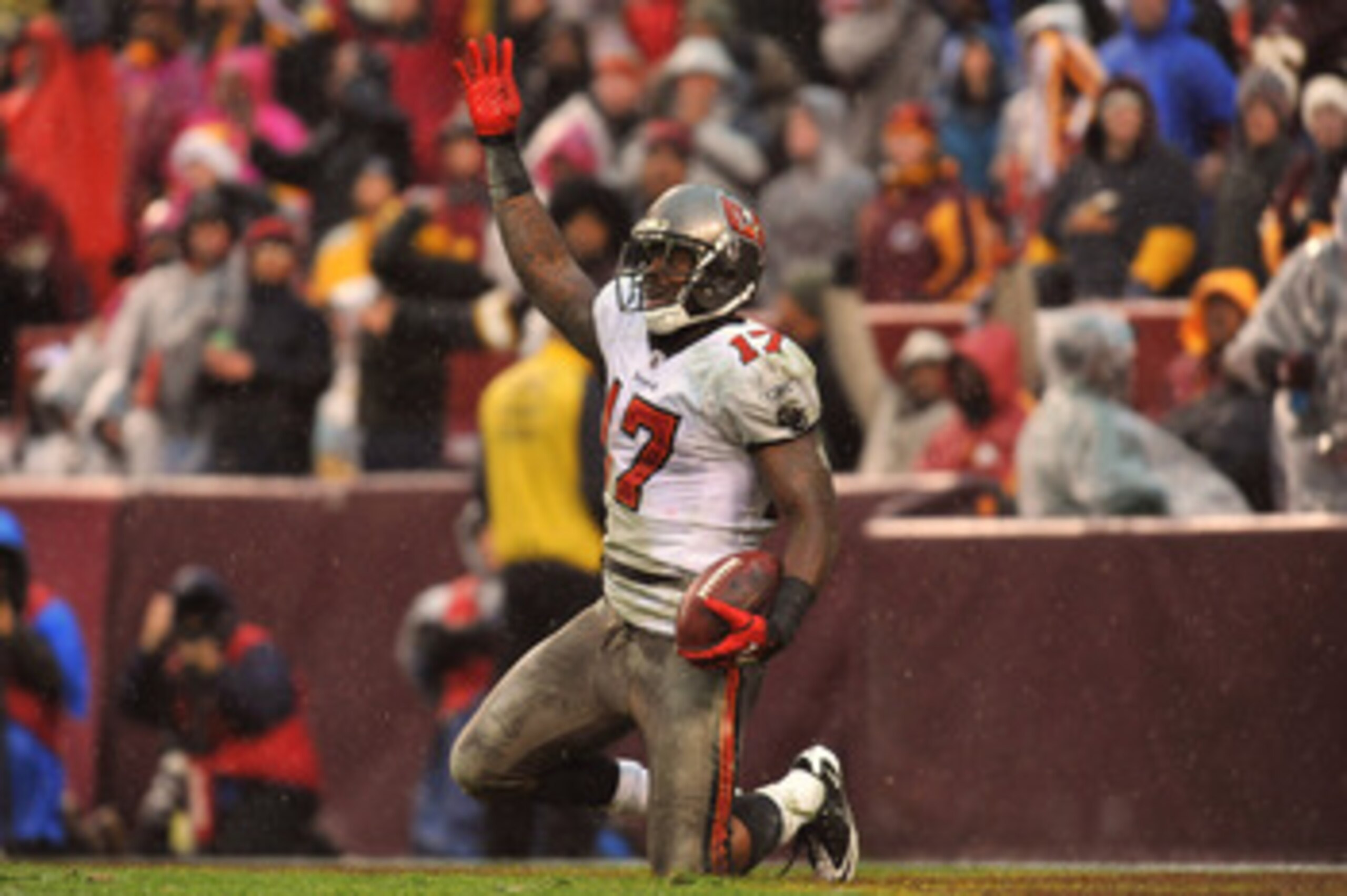 LANDOVER, MD - DECEMBER 12:  Arrelious Benn #17 of the Tampa Bay Buccaneers celebrates a late game touchdown against the Washington Redskins at FedExField on December 12, 2010 in Landover, Maryland. The Buccaneers defeated the Redskins 17-16. (Photo by La