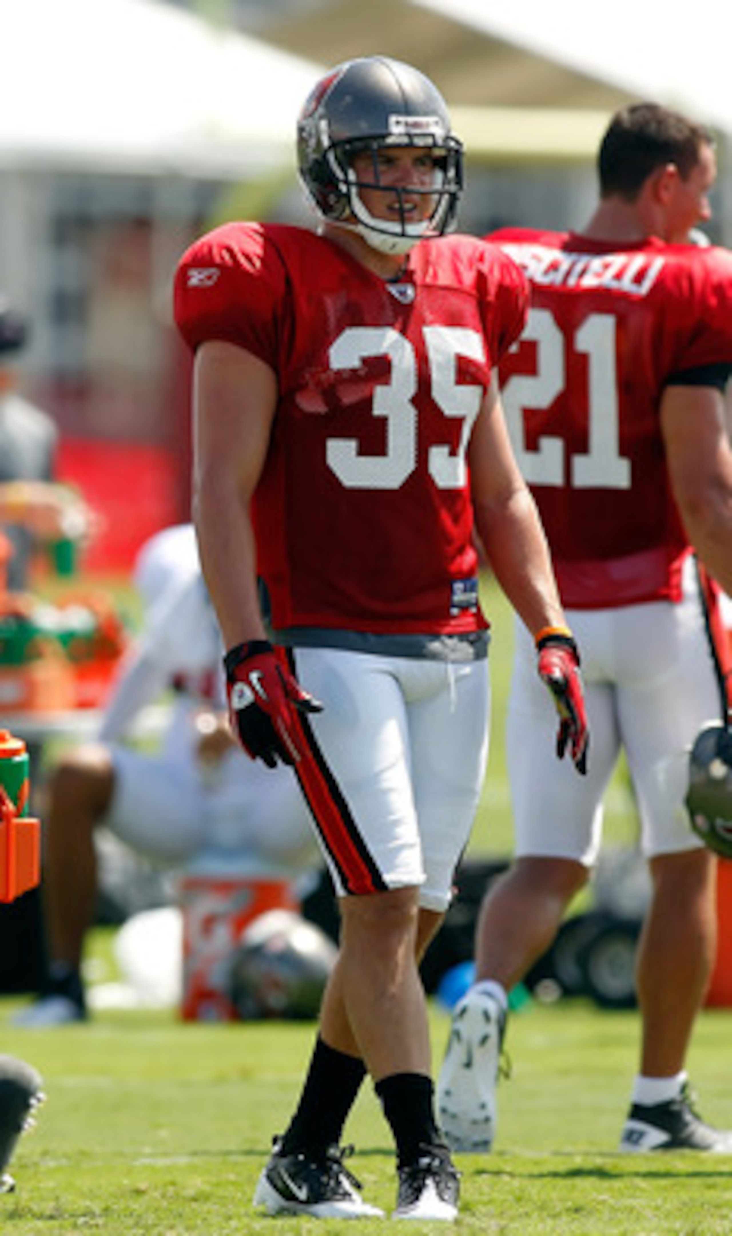 TAMPA, FL - JULY 31:  Rookie Cody Grimm #35 of the Tampa Bay Buccaneers waits to get in on a drill during training camp at One Buccaneer Place on July 31, 2010 in Tampa, Florida.  (Photo by J. Meric/Getty Images)