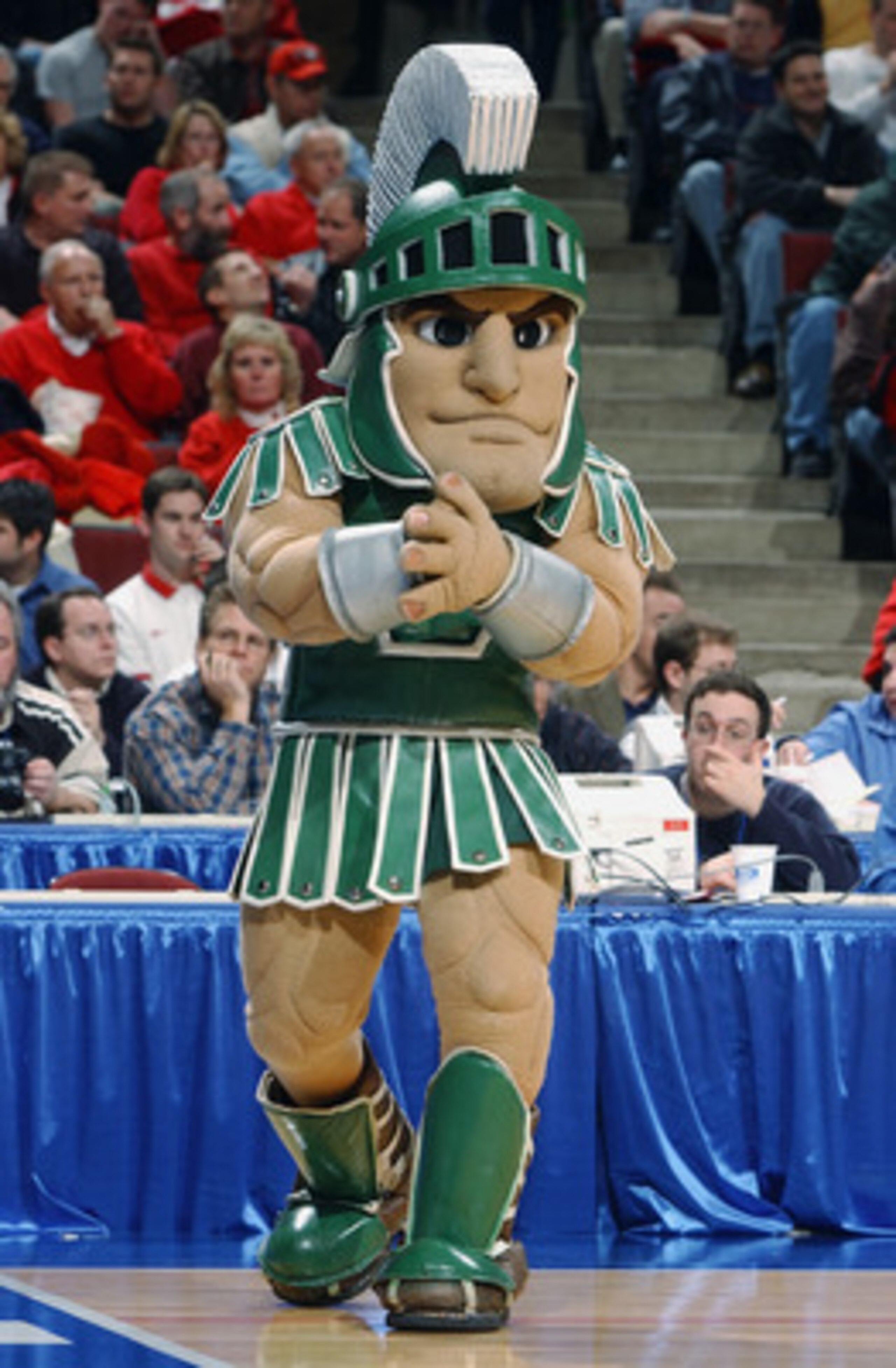 CHICAGO - MARCH 13:  The mascot for Michigan State University entertains fans during the Big Ten Men's Basketball Tournament game between the Michigan State University Spartans and the Purdue University Boilermakers at the United Center on March 14, 2003