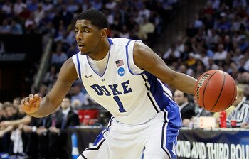 CHARLOTTE, NC - MARCH 20:  Kyrie Irving #1 of the Duke Blue Devils moves the ball while taking on the Michigan Wolverines during the third round of the 2011 NCAA men's basketball tournament at Time Warner Cable Arena on March 20, 2011 in Charlotte, North