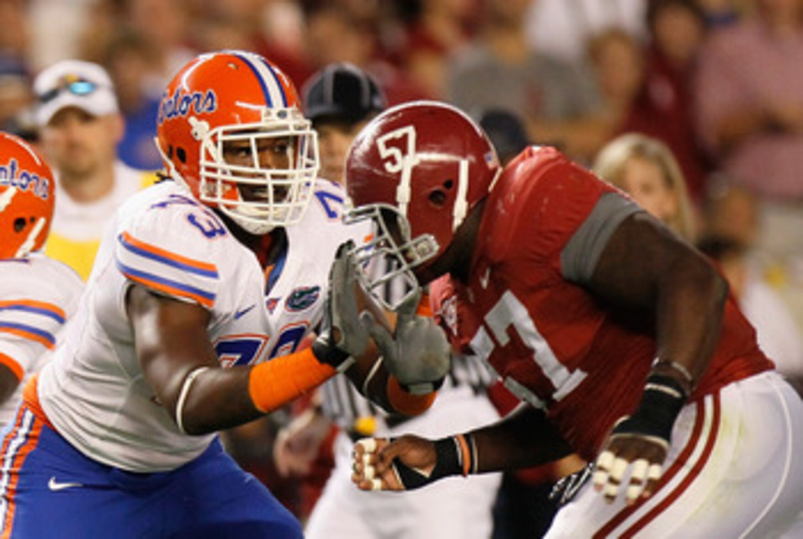 TUSCALOOSA, AL - OCTOBER 02: Marcell Dareus #57 of the Alabama Crimson Tide against Xavier Nixon #73 of the Florida Gators at Bryant-Denny Stadium on October 2, 2010 in Tuscaloosa, Alabama. (Photo by Kevin C. Cox/Getty Images) TUSCALOOSA, AL - OCTOBER 02: Marcell Dareus #57 of the Alabama Crimson Tide against Xavier Nixon #73 of the Florida Gators at Bryant-Denny Stadium on October 2, 2010 in Tuscaloosa, Alabama. (Photo by Kevin C. Cox/Getty Images)