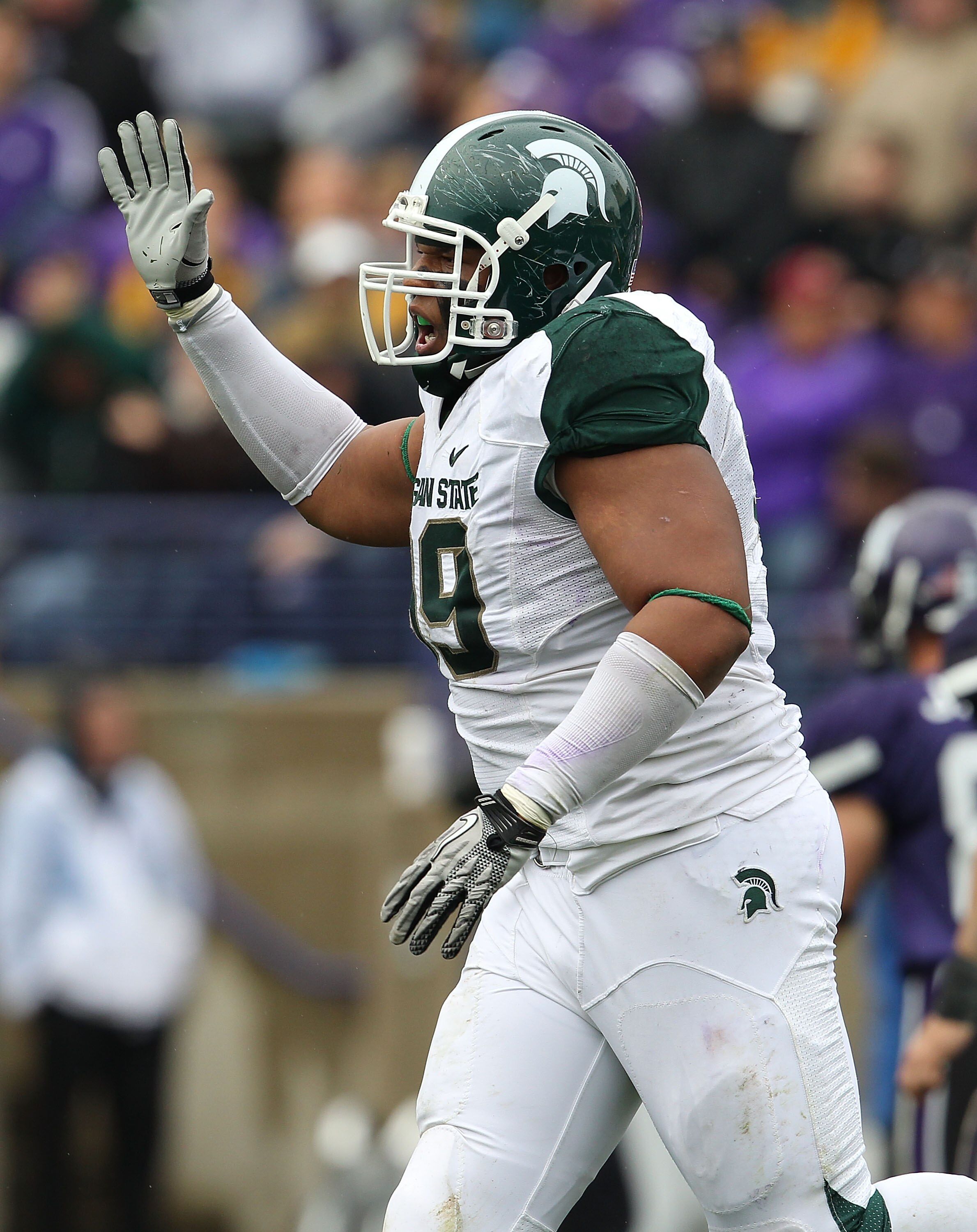 EVANSTON, IL - OCTOBER 23: Jerel Worthy #99 of the Michigan State Spartans celebrates a defensive play against the Northwestern Wildcats at Ryan Field on October 23, 2010 in Evanston, Illinois. Michigan State defeated Northwestern 35-27. (Photo by Jonatha