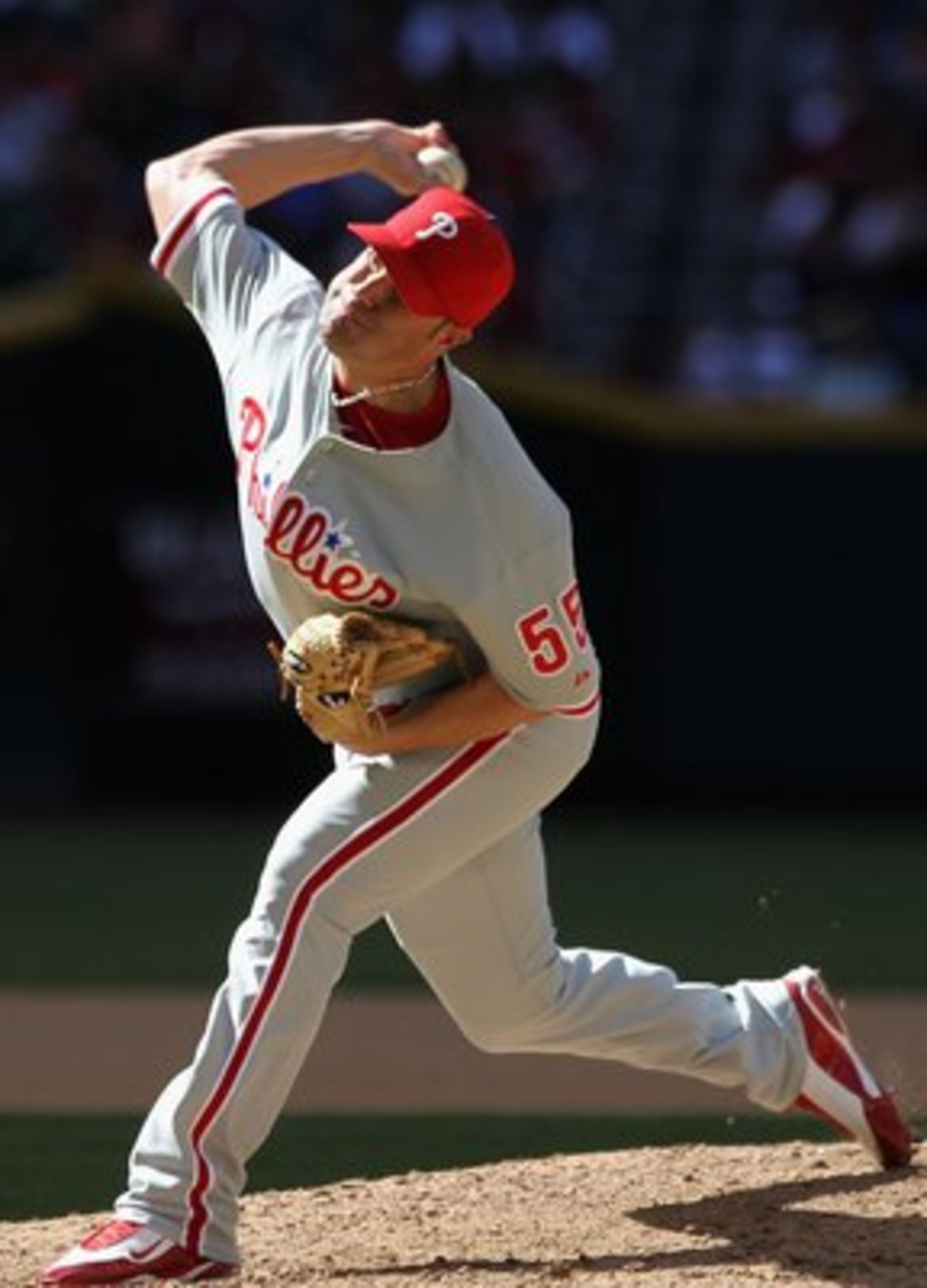 PHOENIX - APRIL 25:  Relief pitcher Danys Baez #55 of the Philadelphia Phillies pitches against the Arizona Diamondbacks during the Major League Baseball game at Chase Field on April 25, 2010 in Phoenix, Arizona. The Diamondbacks defeated the Phillies 8-6
