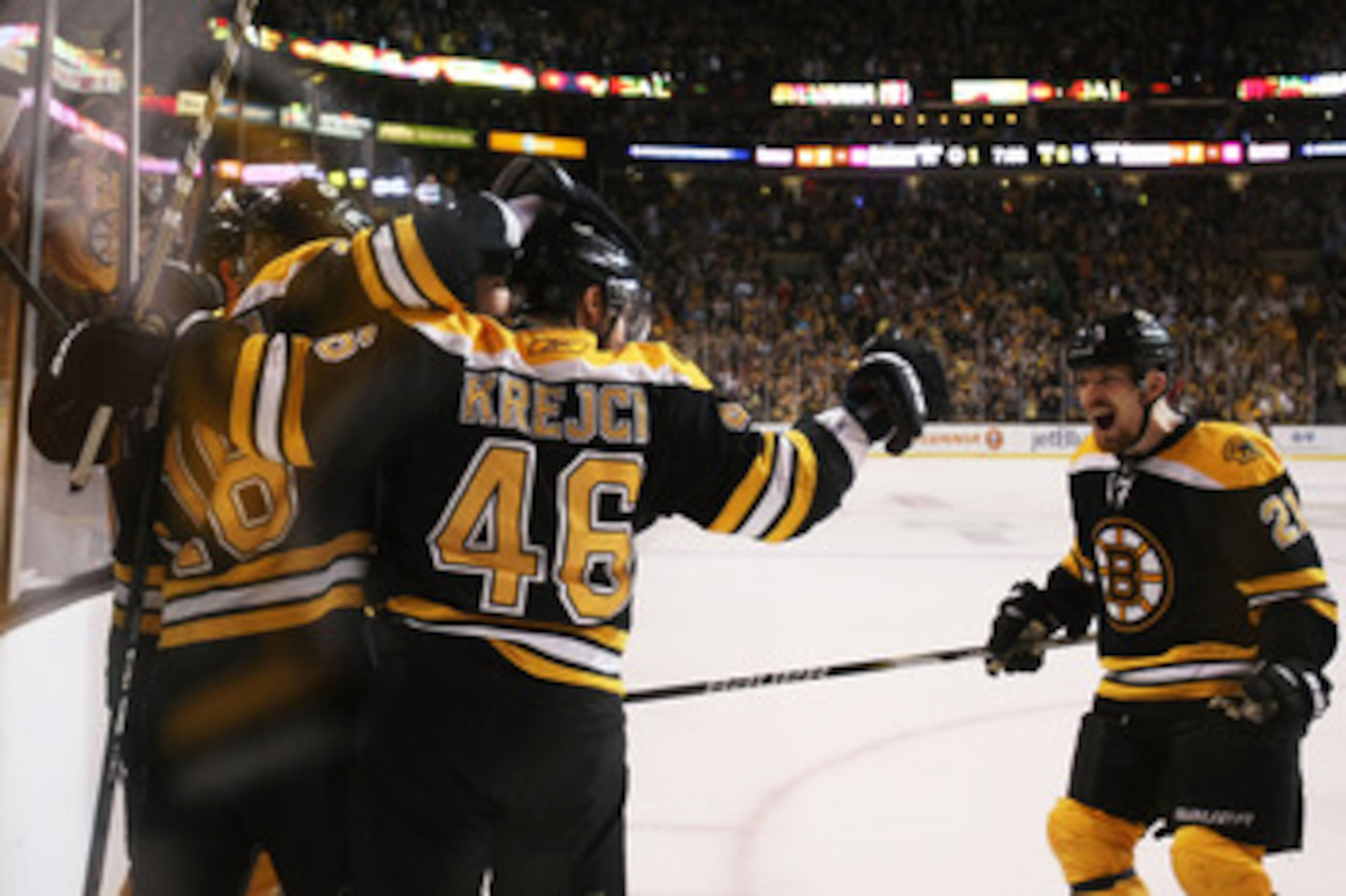 BOSTON, MA - MAY 27:  Nathan Horton #18 of the Boston Bruins celebrates his third period goal with teammates in Game Seven of the Eastern Conference Finals against the Tampa Bay Lightning during the 2011 NHL Stanley Cup Playoffs at TD Garden on May 27, 20