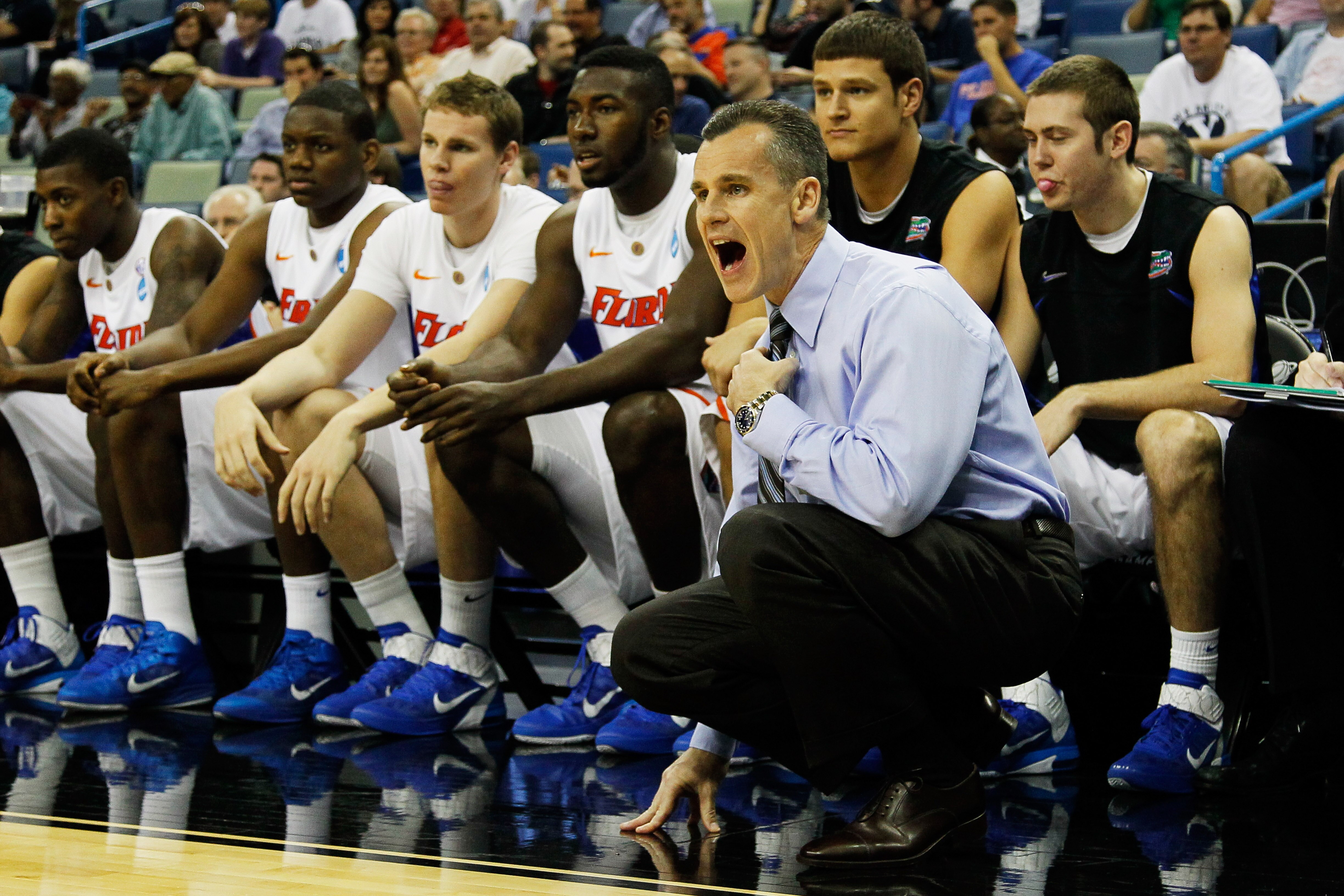 NEW ORLEANS, LA - MARCH 24:  Head coach Billy Donovan of the Florida Gators yells to his team during their game against the Brigham Young Cougars in the Southeast regional of the 2011 NCAA men's basketball tournament at New Orleans Arena on March 24, 2011